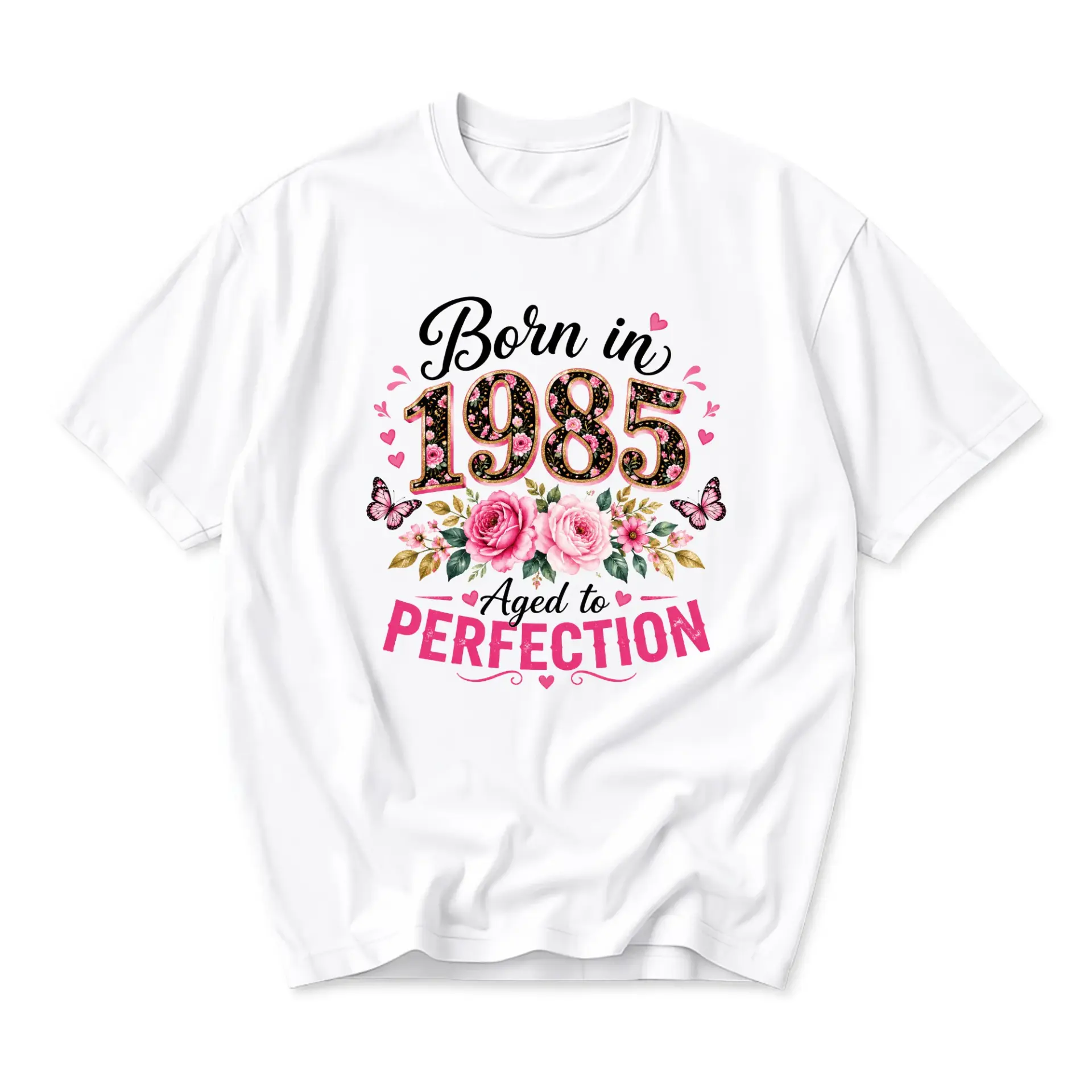 Graphic Tee Born in 1985 Aged to Perfection Floral Butterfly Design Unisex Crew Neck Soft Cotton Casual Everyday Shirt