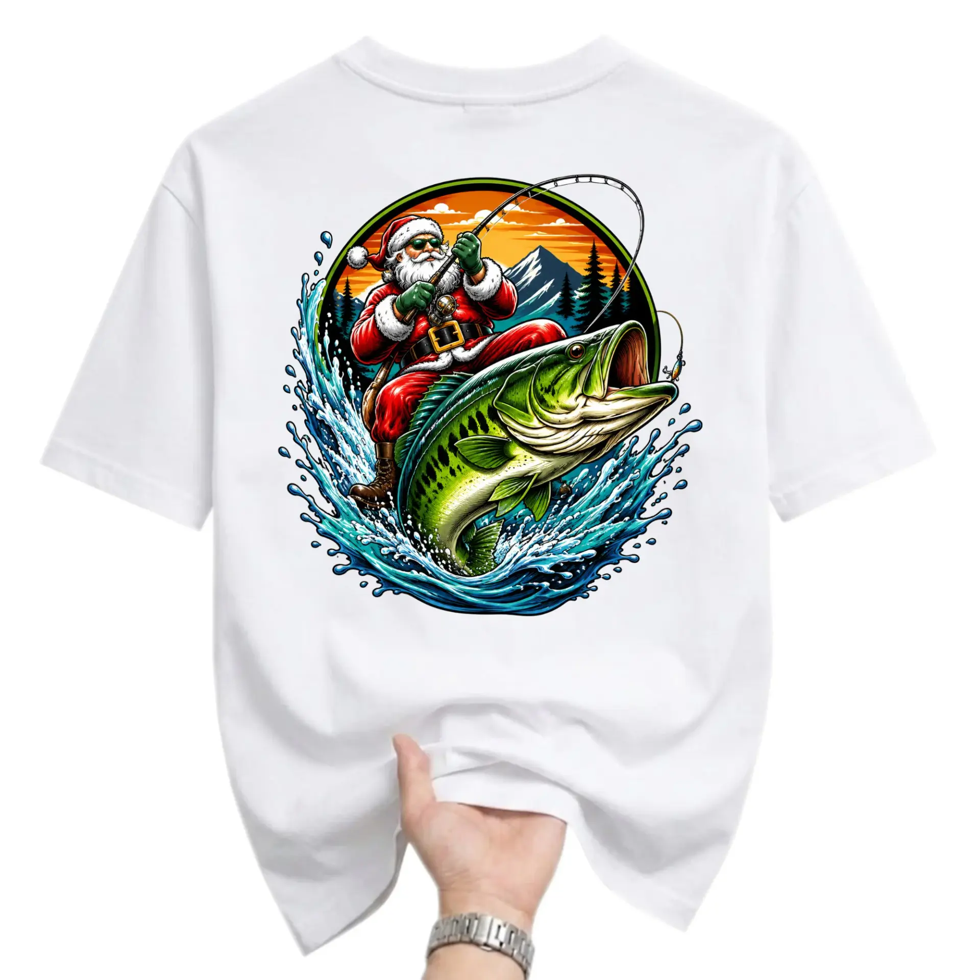 Graphic Tee Unisex Crew Neck Santa Claus Fishing Catching Big Fish