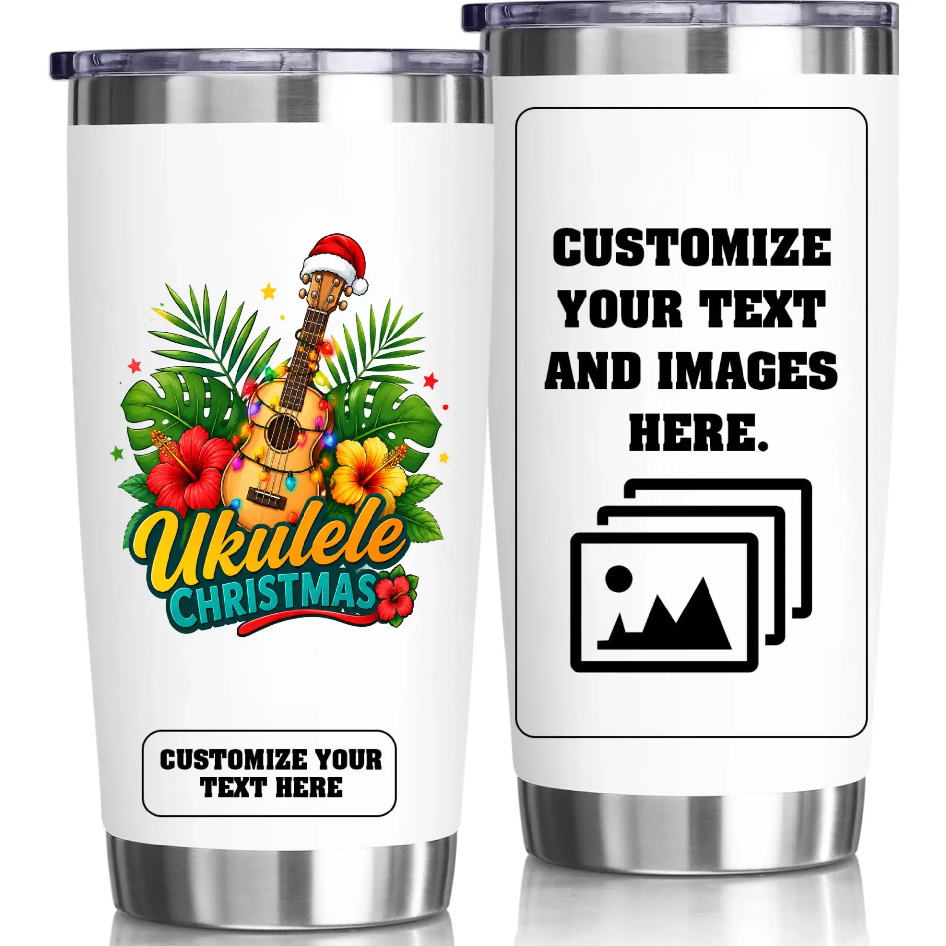 Stainless Steel Tumbler Ukulele Christmas Tropical Holiday Travel Mug 20oz Double Wall Vacuum Insulated Cup with Lid