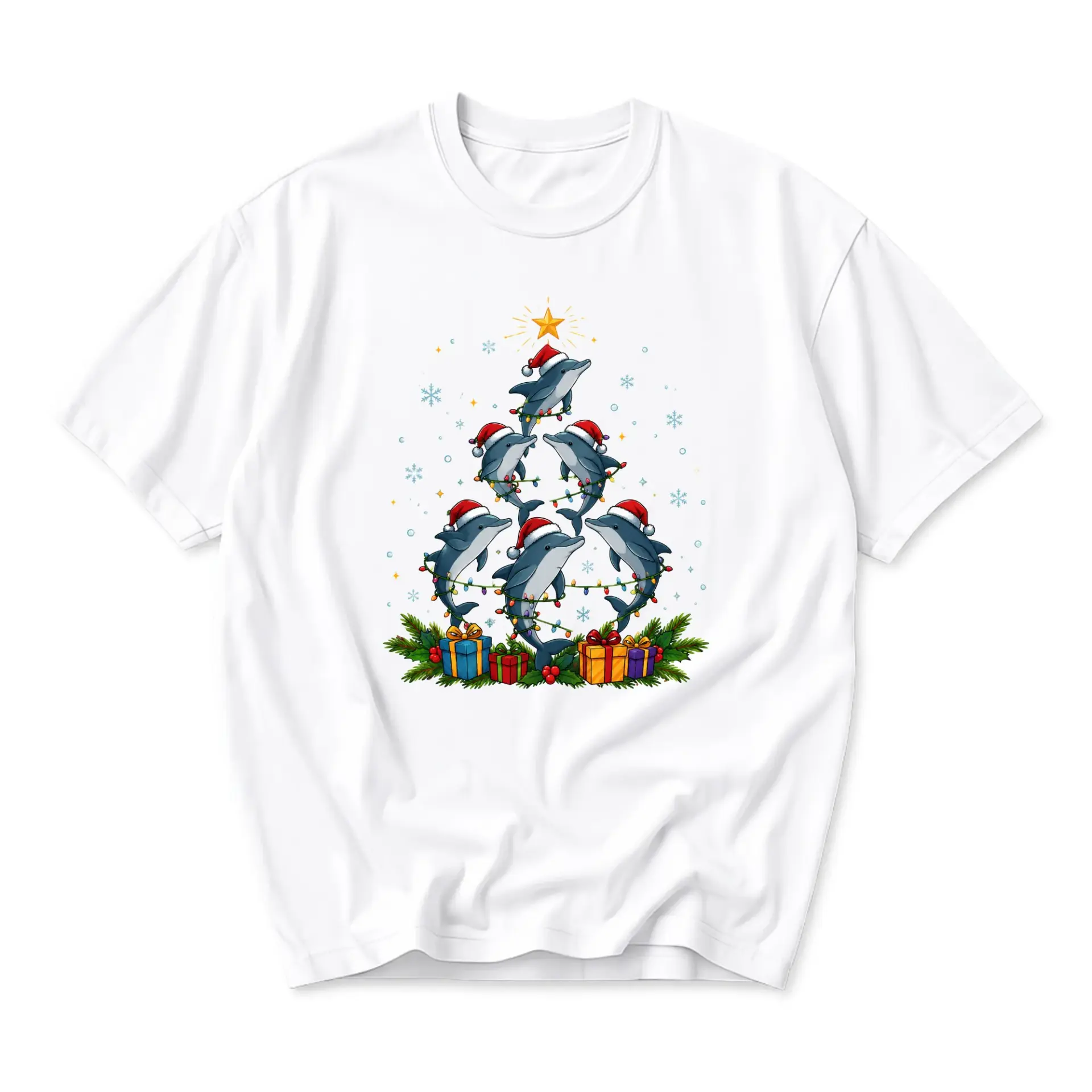 Graphic Tee Unisex Crew Neck T-Shirt Featuring a Festive Holiday Dolphin