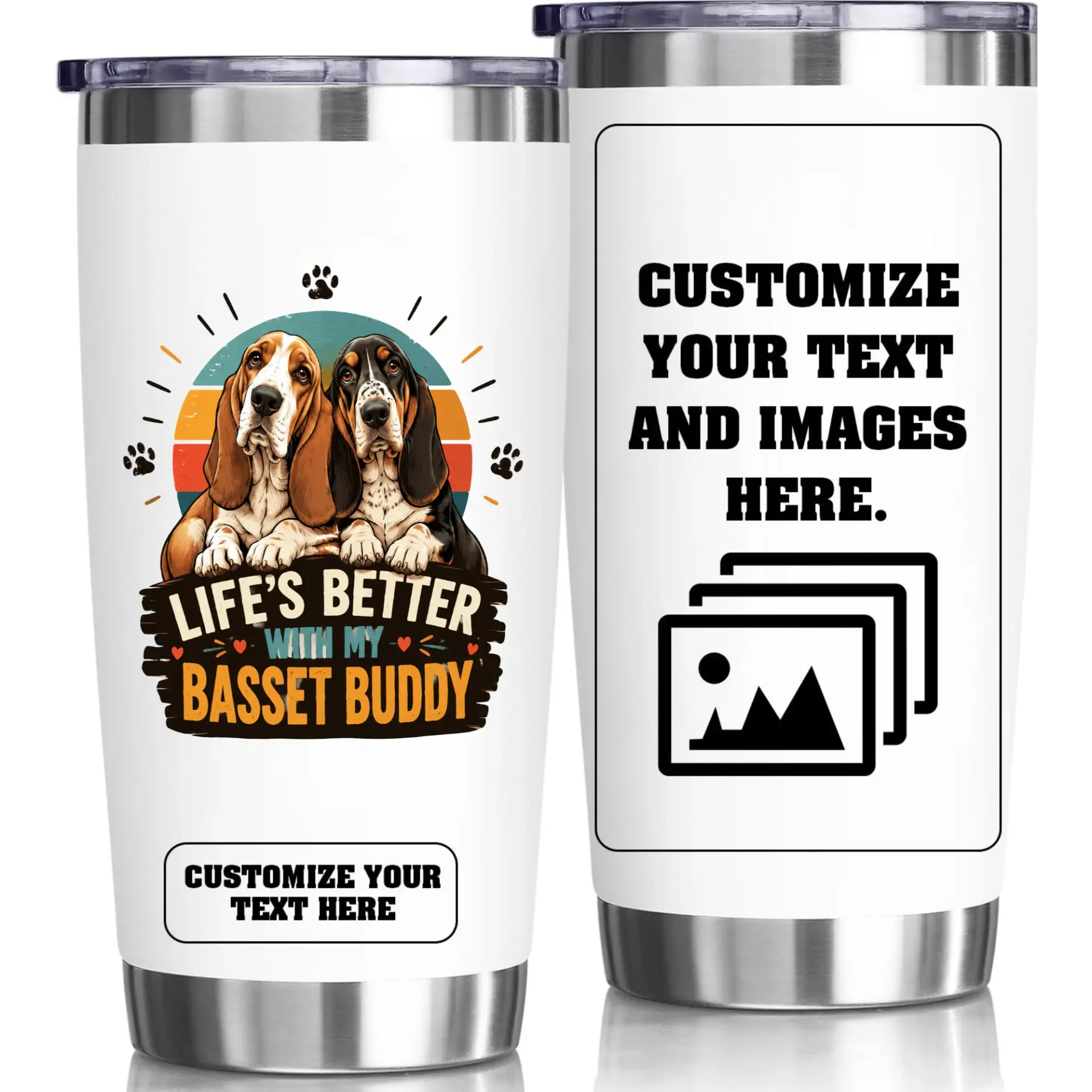 Stainless Steel Tumbler 20oz Vacuum Insulated Cup with Basset Hound Graphic and Customizable Text Space Design