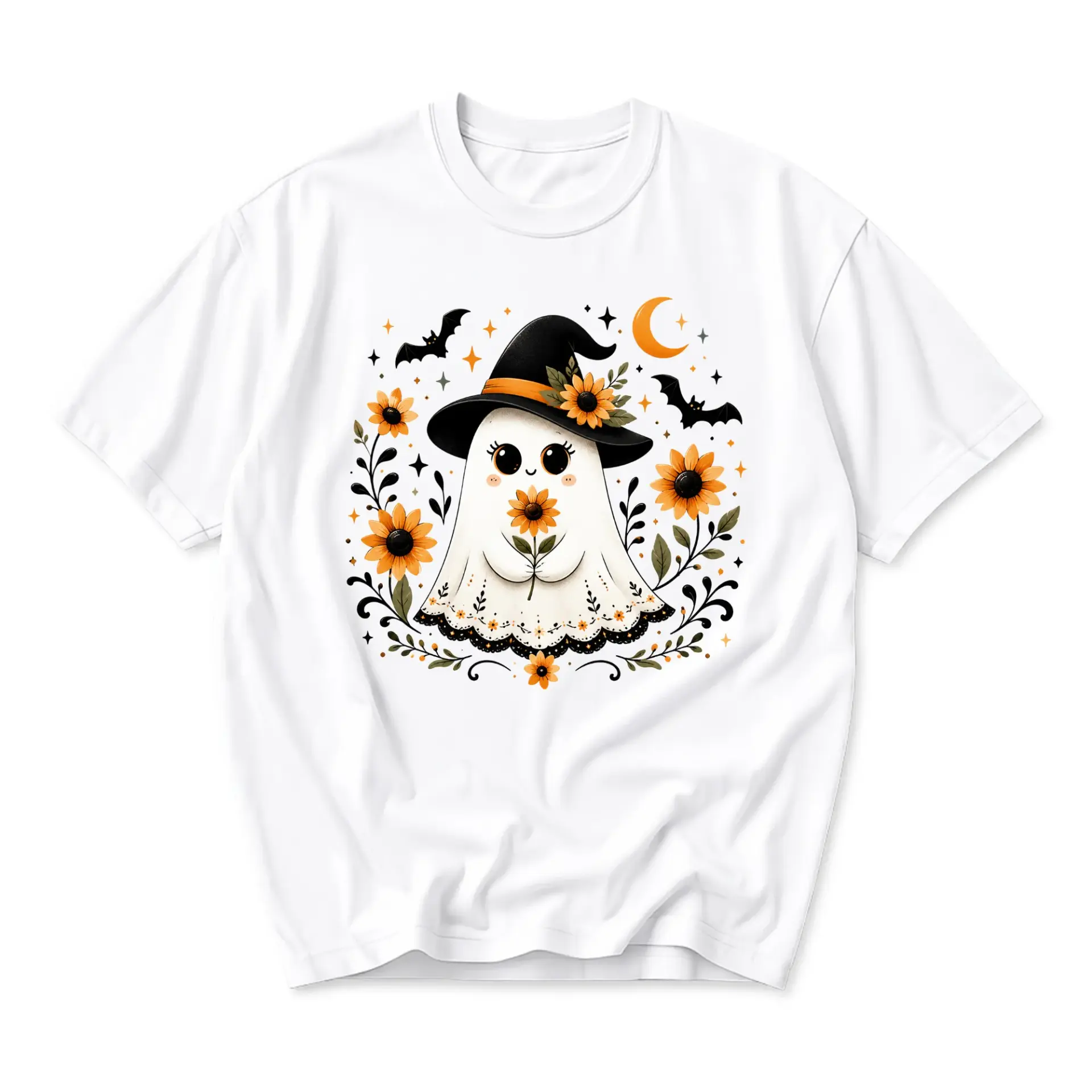 Graphic Tee Cute Ghost Wearing Witch Hat with Sunflowers Illustration Unisex Crew Neck Everyday Casual Short Sleeve Shirt