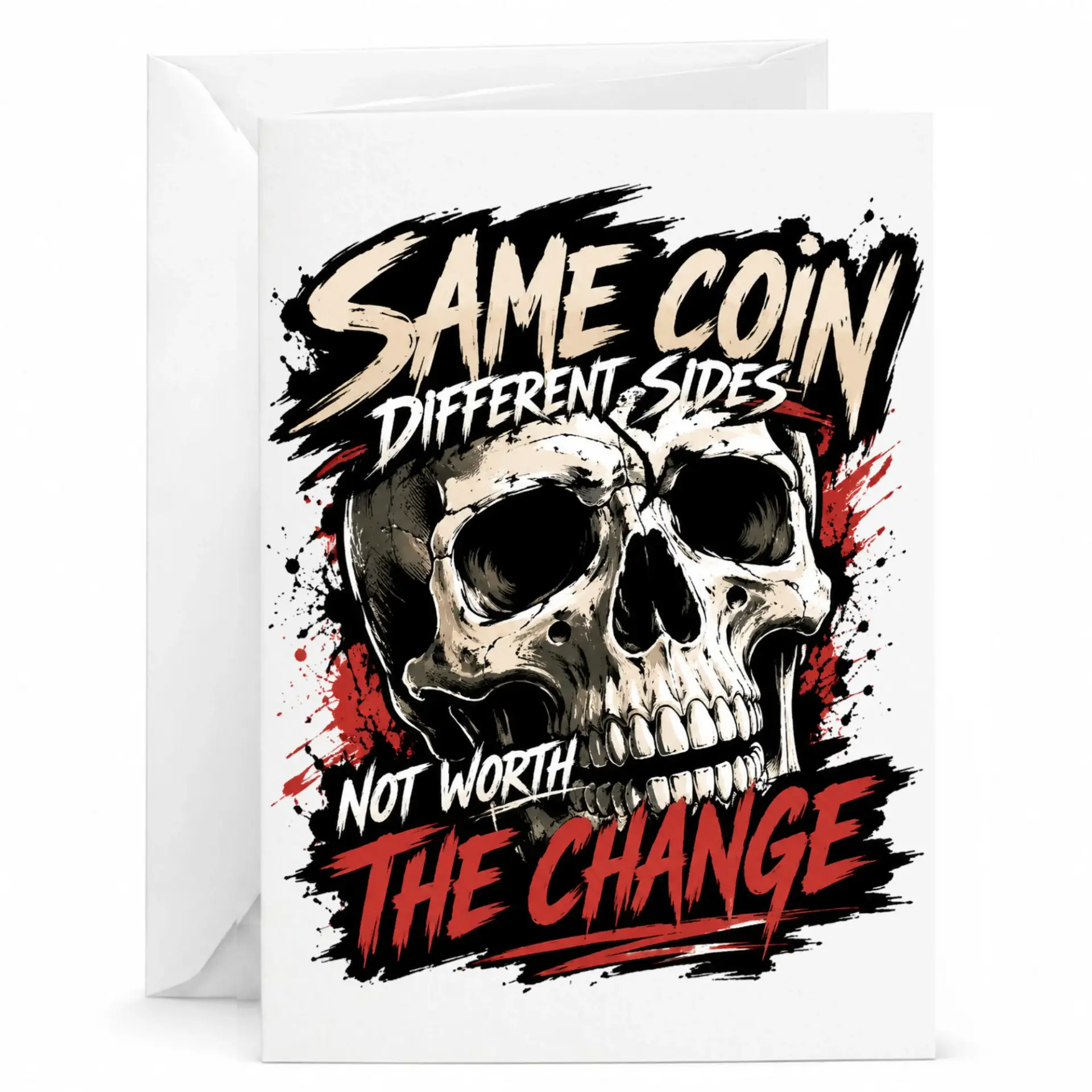 Funny Skull Greeting Card Same Coin Different Sides Sarcastic Quote