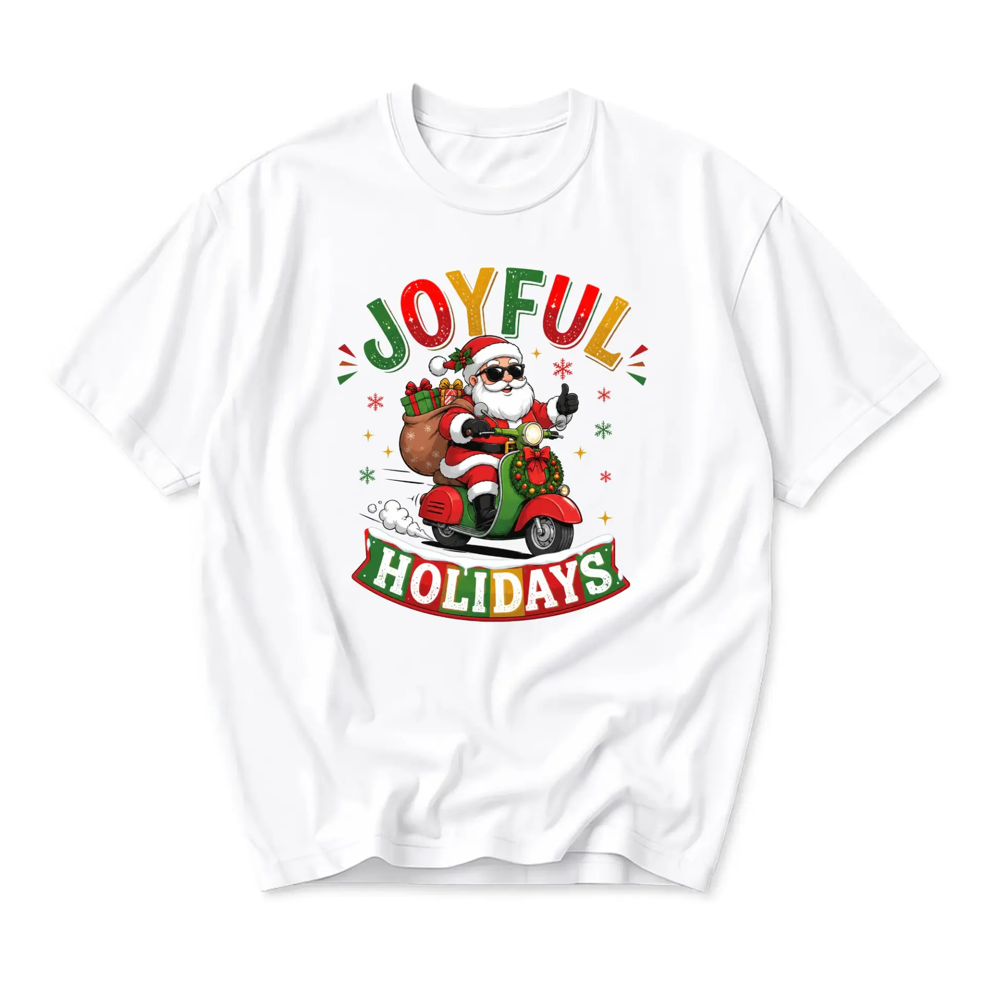 Graphic Tee Unisex Christmas Santa Claus Riding a Scooter with Presents