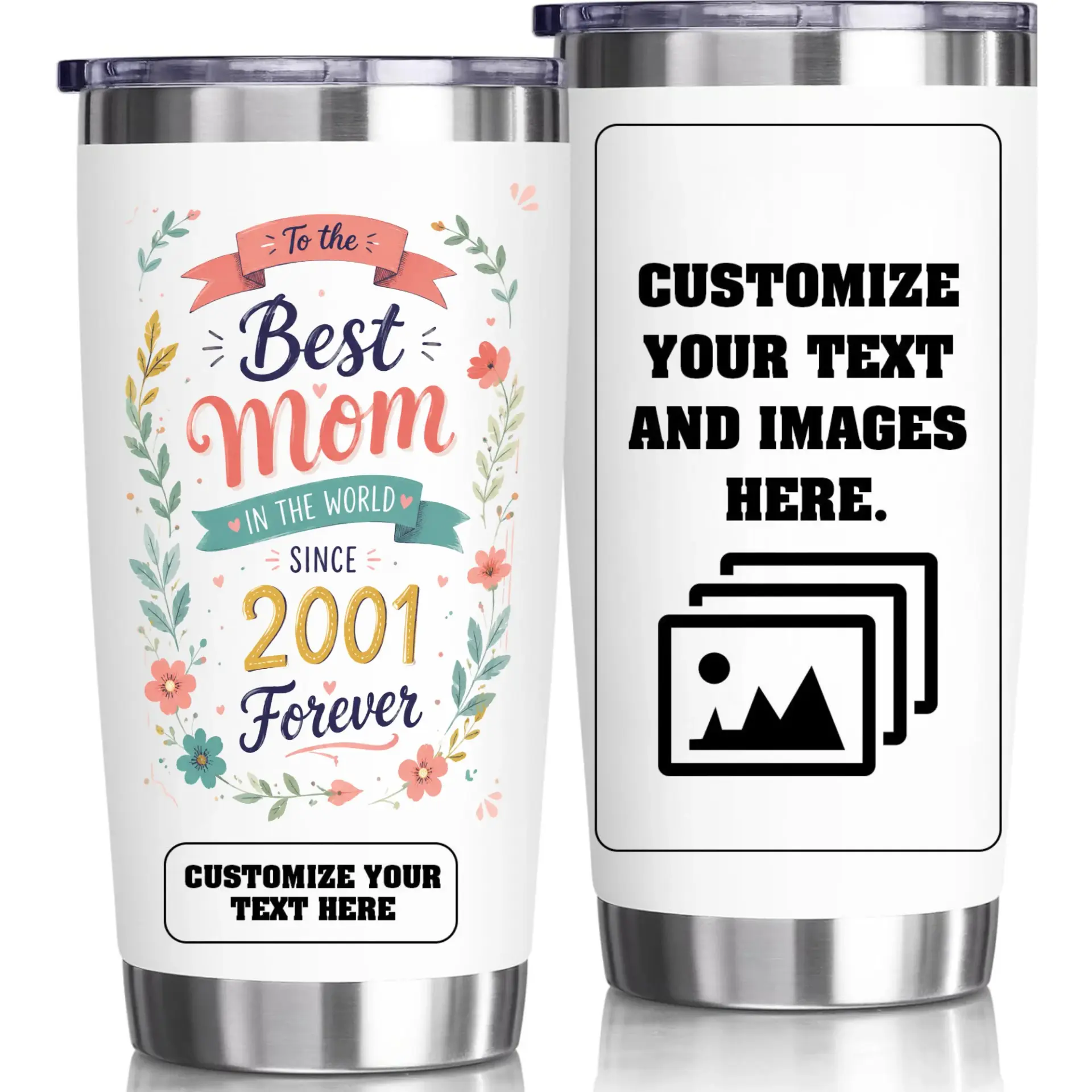 Stainless Steel Tumbler 20oz Custom Photo and Text Travel Mug for Personalized Mother Birthday Holiday Gift Present