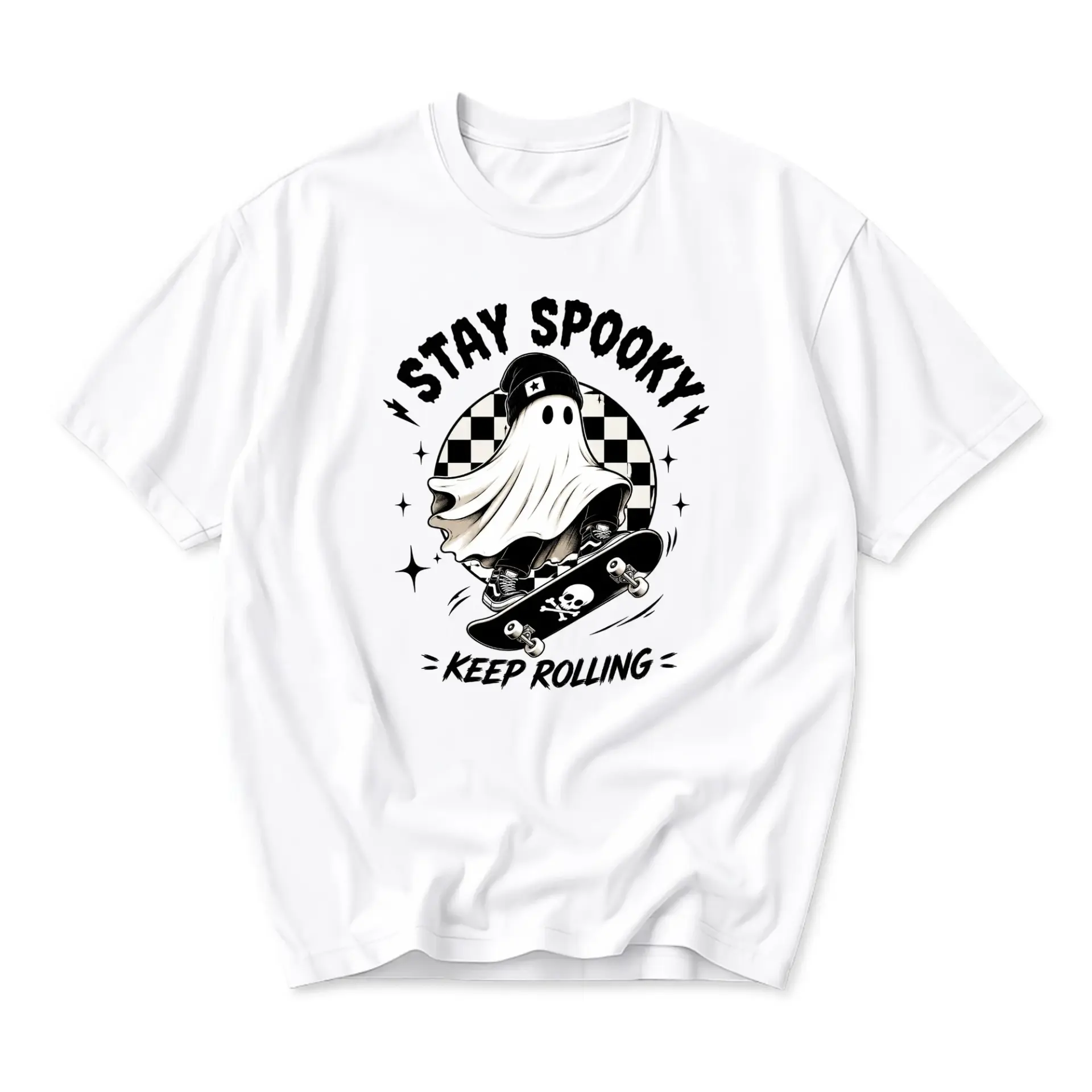 Graphic Tee Stay Spooky Keep Rolling Skateboarding Ghost Unisex Crew Neck Casual Short Sleeve Summer Cotton Shirt