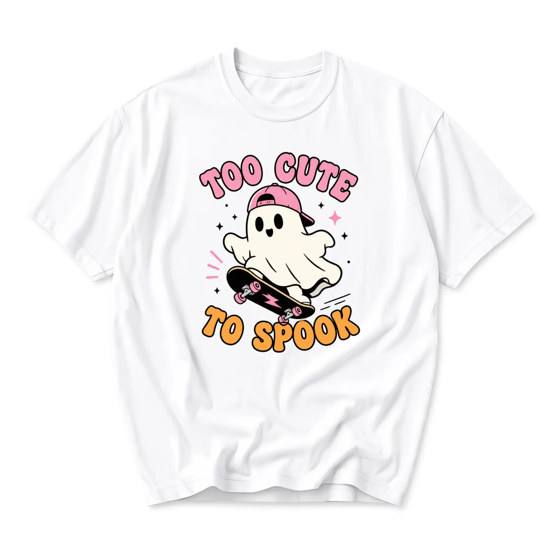 Graphic Tee Too Cute to Spook Skater Ghost Unisex Crew Neck T-Shirt Soft Cotton Blend Casual Everyday Apparel White