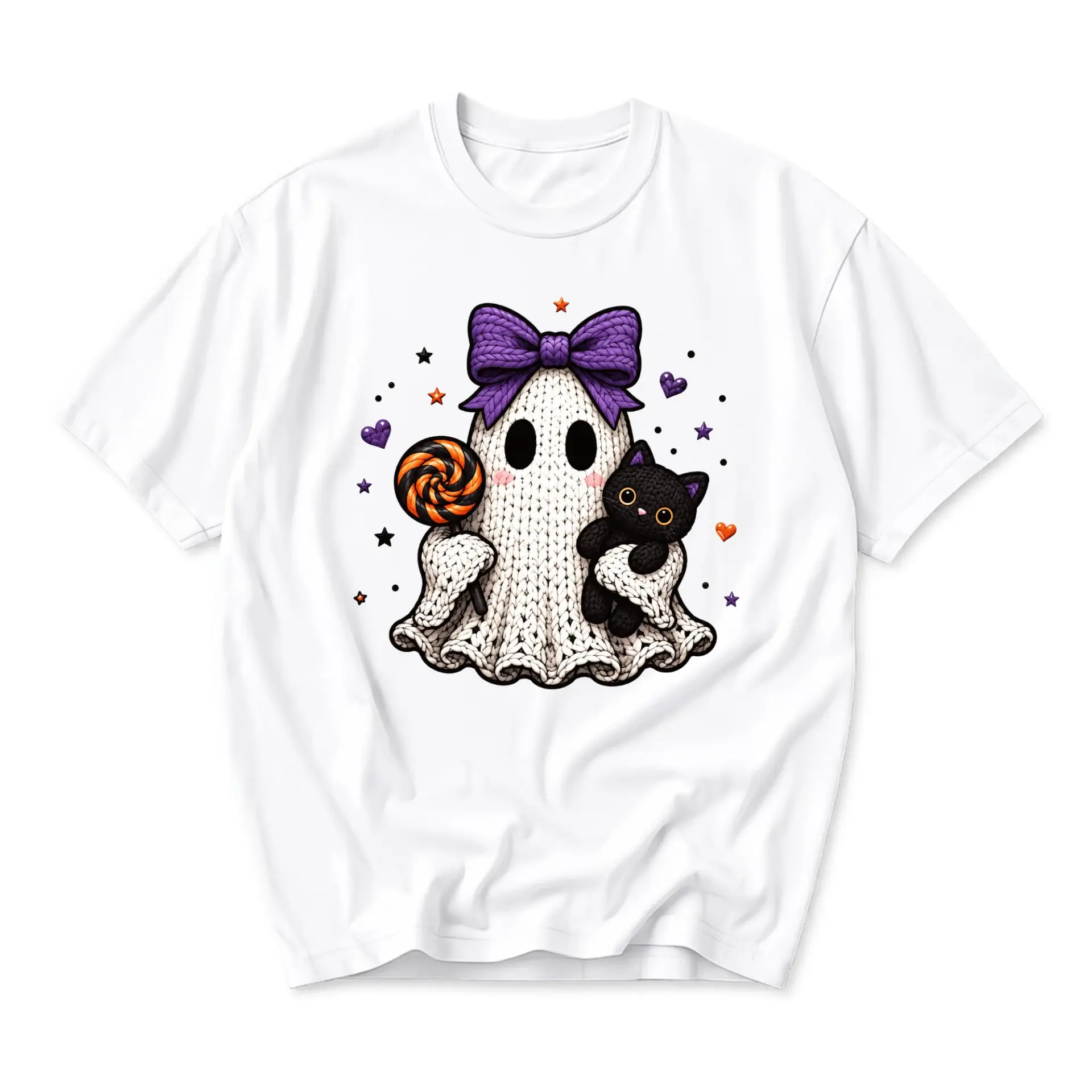 Graphic Tee Cute Knitted Ghost Holding Lollipop and Black Cat Illustration Unisex Crew Neck Short Sleeve Shirt