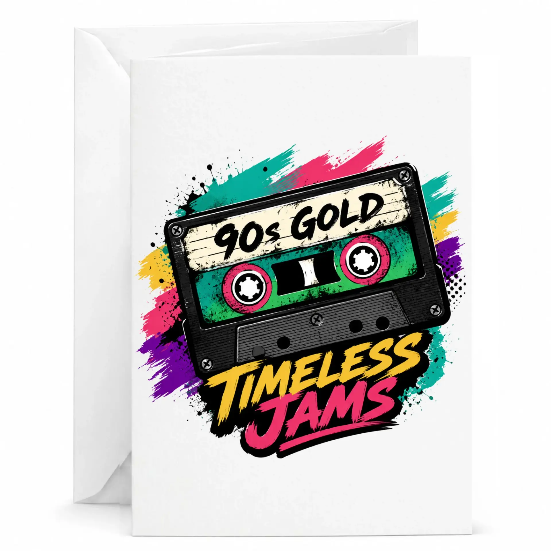 Greeting Card 90s Gold Timeless Jams Nostalgic Music Cassette Tape Design for Birthday Anniversary or Special Occasion