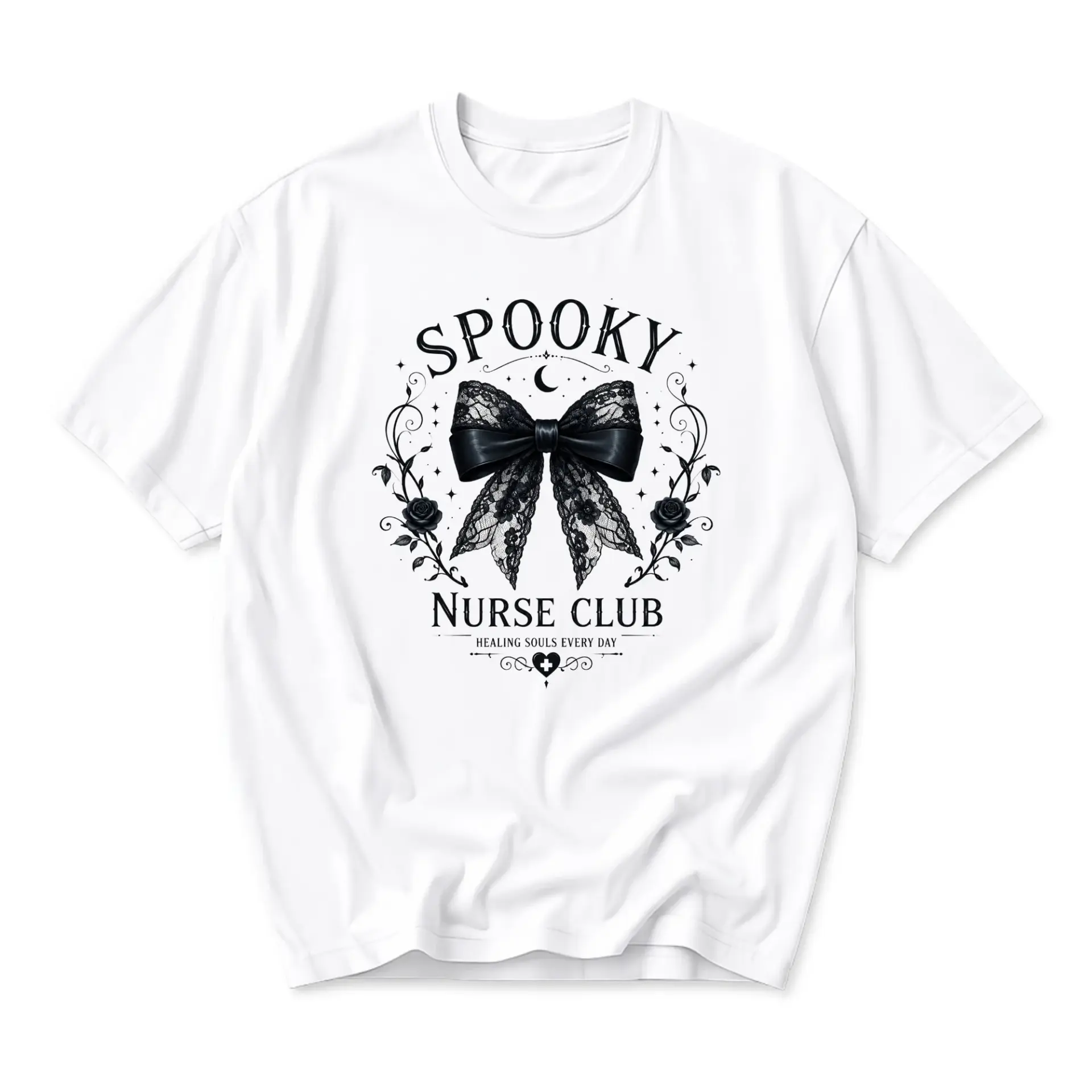 Graphic Tee Spooky Nurse Club Shirt Aesthetic Lace Bow Floral Casual Short Sleeve Unisex Cotton Crew Neck Top