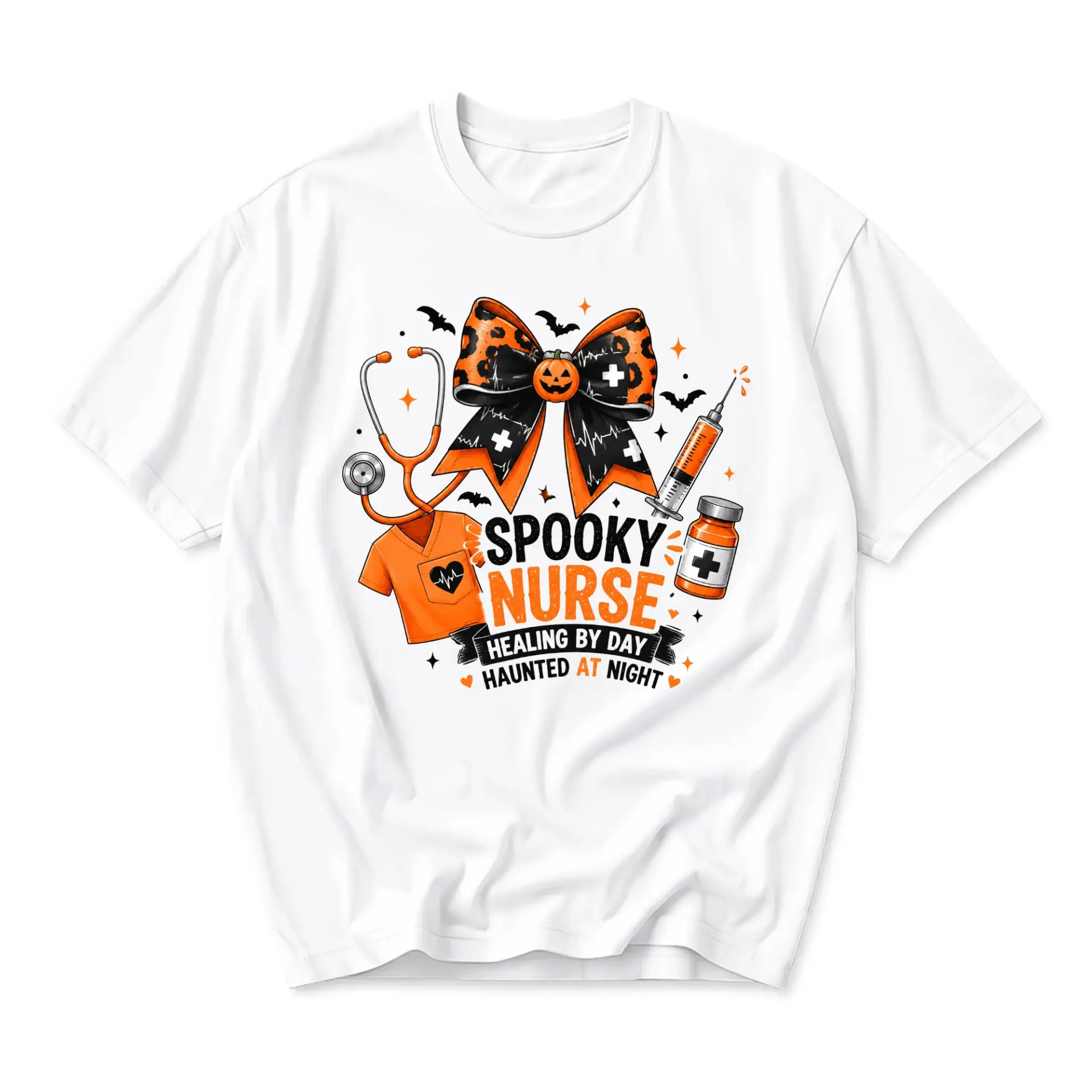 Funny Shirt Spooky Nurse Healing by Day Haunted at Night Halloween Medical Professional Graphic Tee Unisex Casual Top