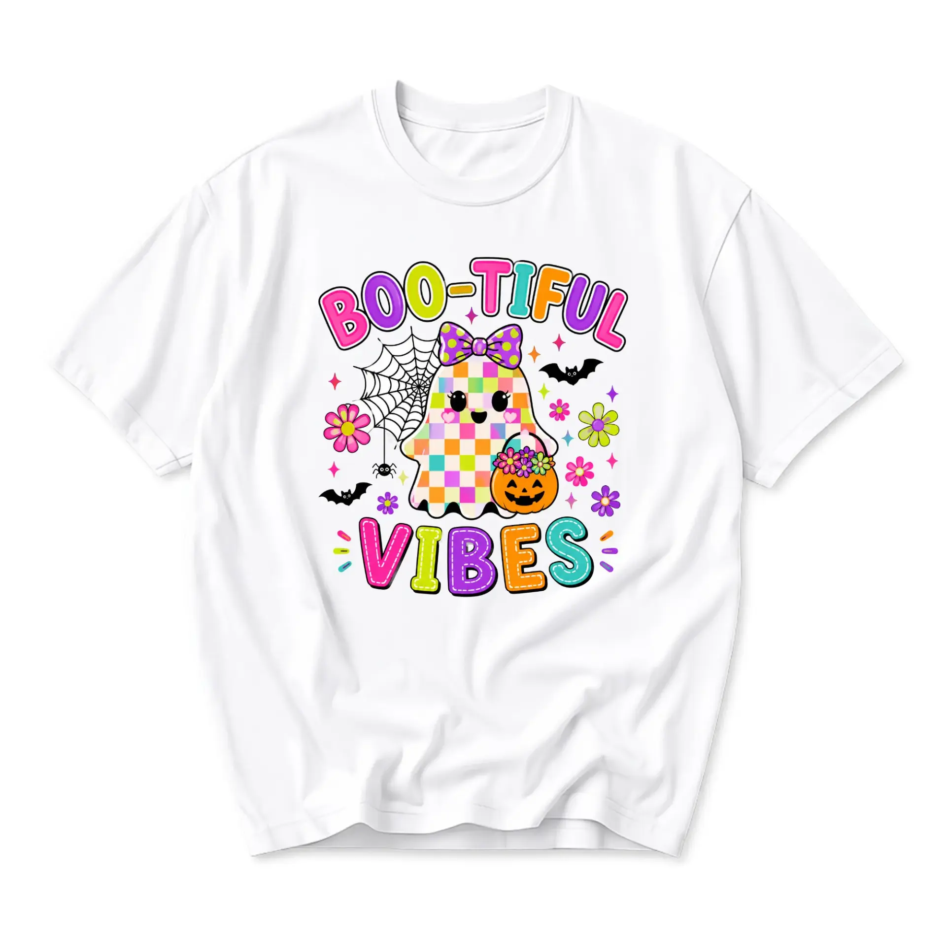 Funny Shirt Boo-Tiful Vibes Ghost Graphic Tee Retro Fall Halloween Style Unisex Crew Neck Casual Cotton Blend Apparel