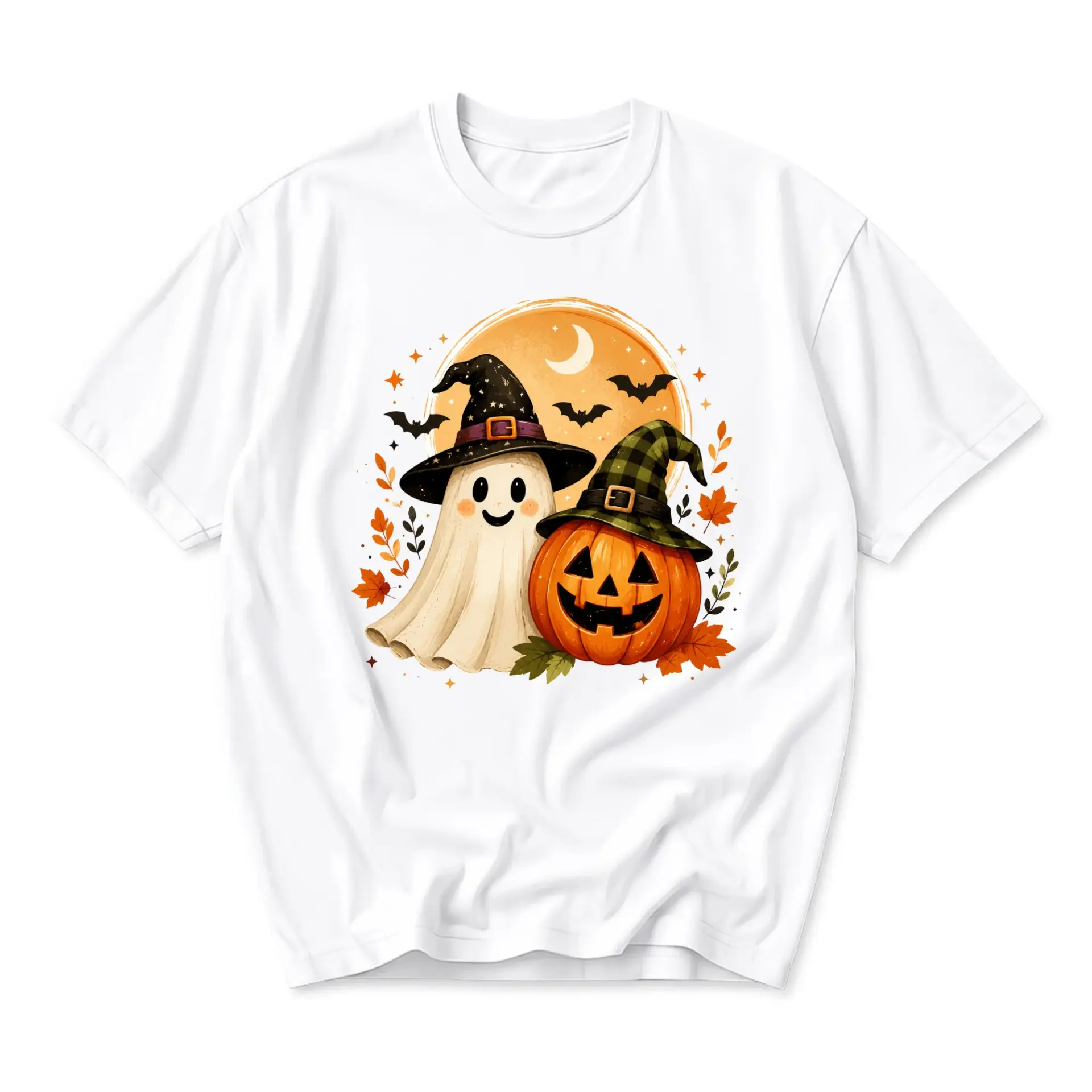 Graphic Tee Cute Halloween Ghost and Pumpkin Design Unisex Crew Neck Soft Cotton Blend Casual Holiday Apparel Shirt