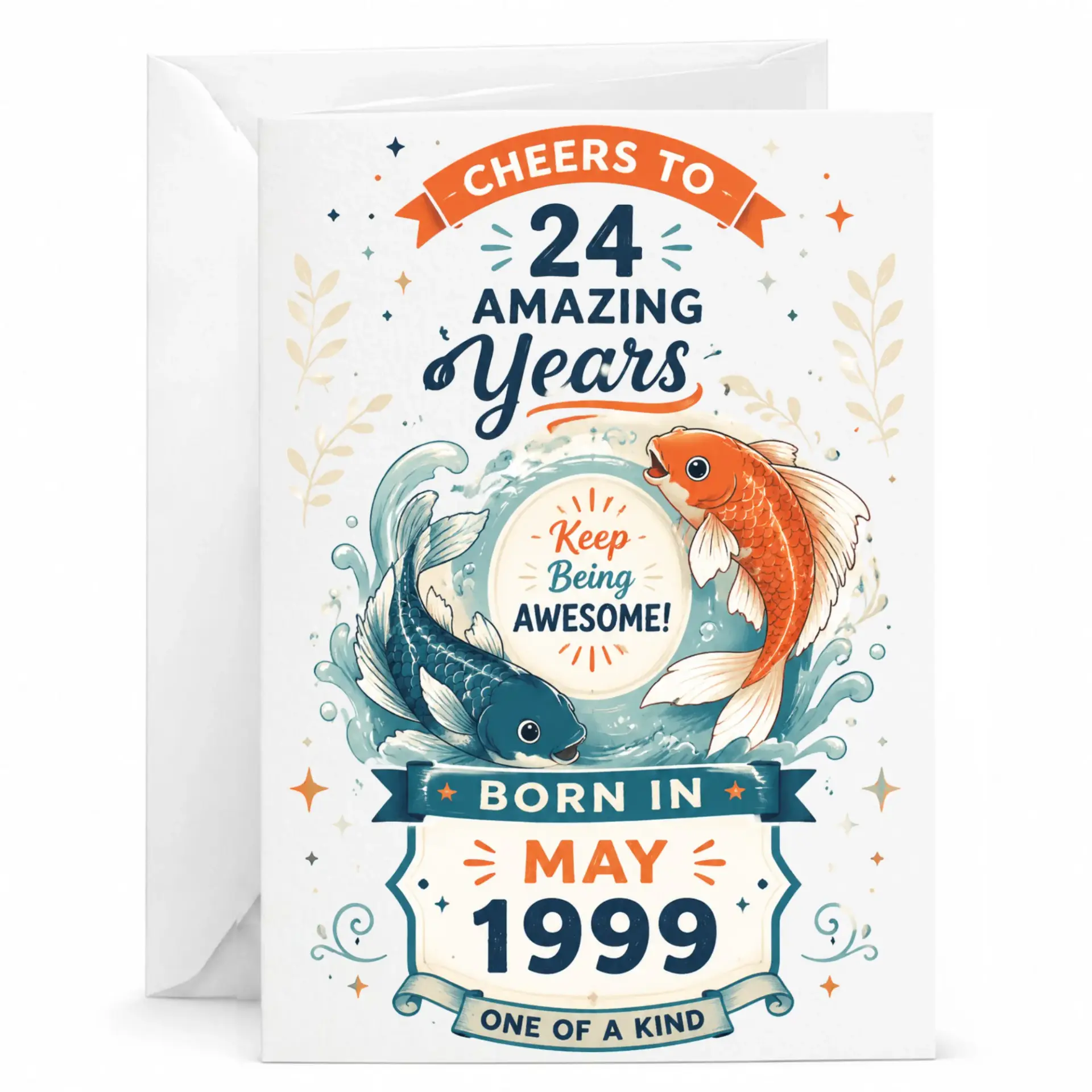 Birthday Card for 24th Birthday Born in May 1999 Featuring Colorful Koi Fish Illustration Premium Greeting Card