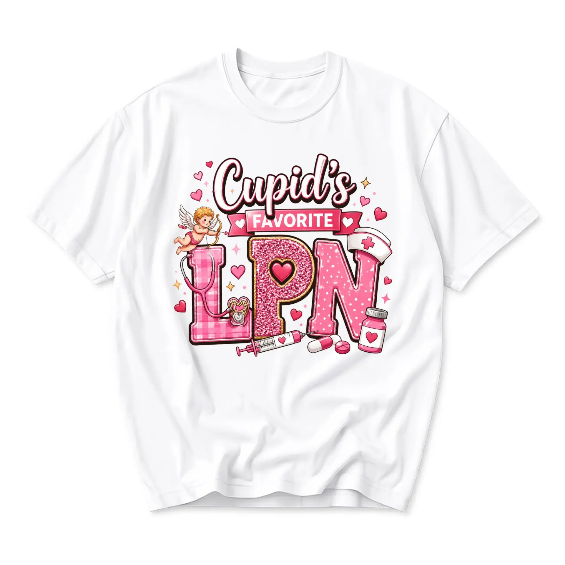 Graphic Tee Cupid's Favorite Lpn T-Shirt Licensed Practical Nurse Gift for Medical Professionals Pink Heart Design