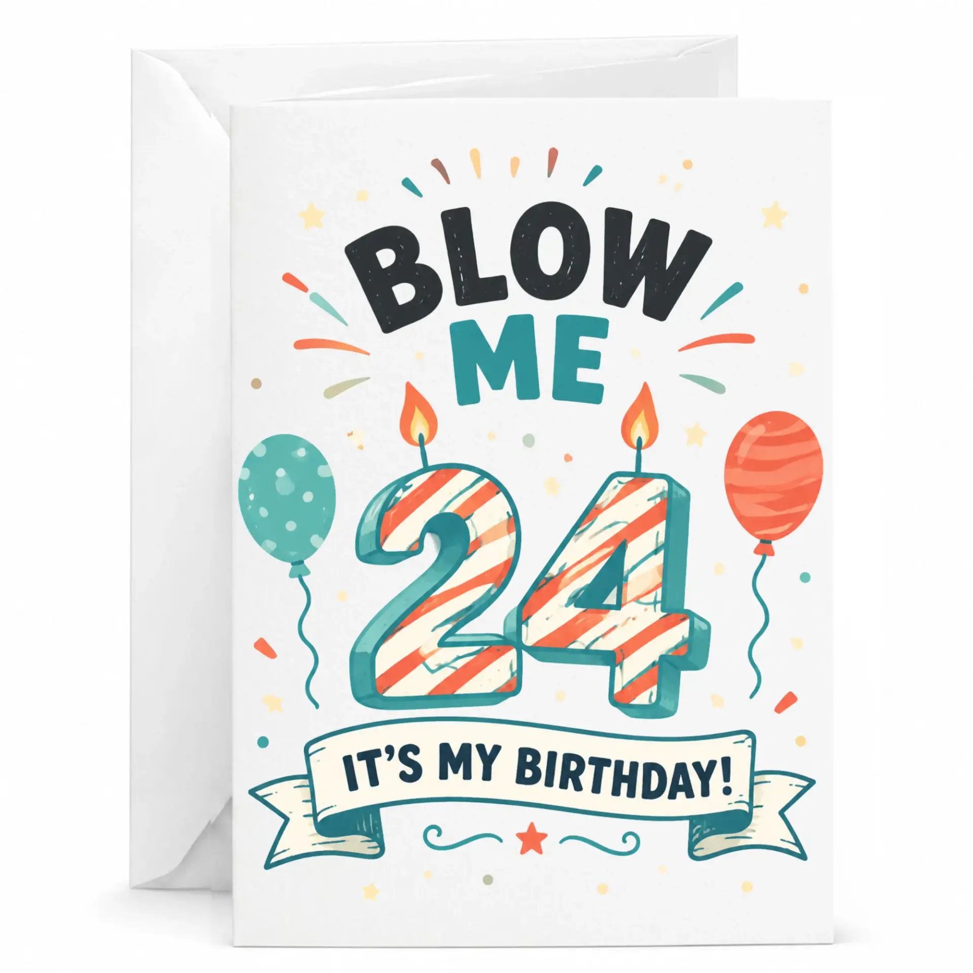 Birthday Card Funny 24th Birthday Greeting Card for Friend or Partner with Balloon Illustration and Envelope