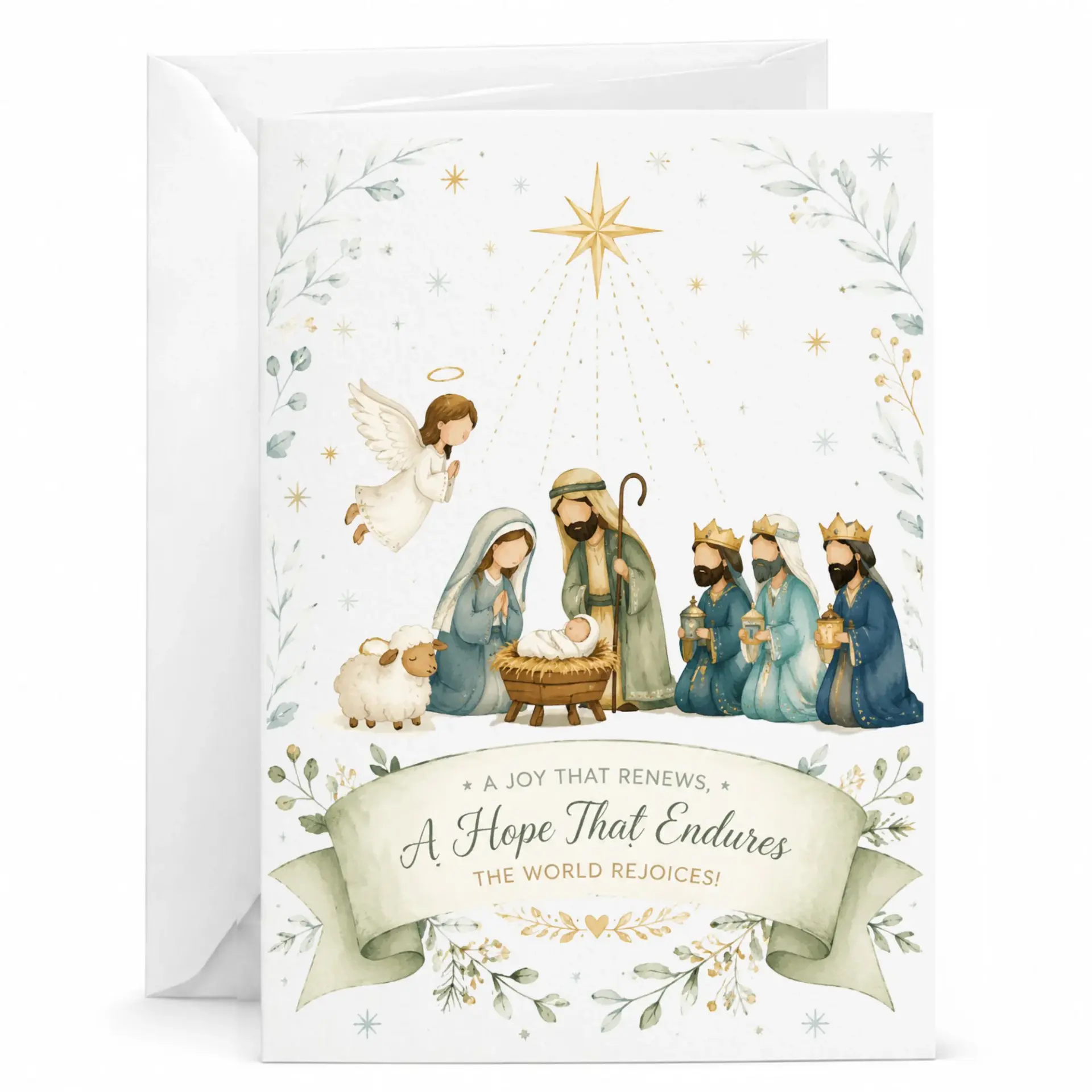 Greeting Card Holiday Religious Nativity Scene Artwork Featuring a Joy That Renews Sentiment for Seasonal Greetings