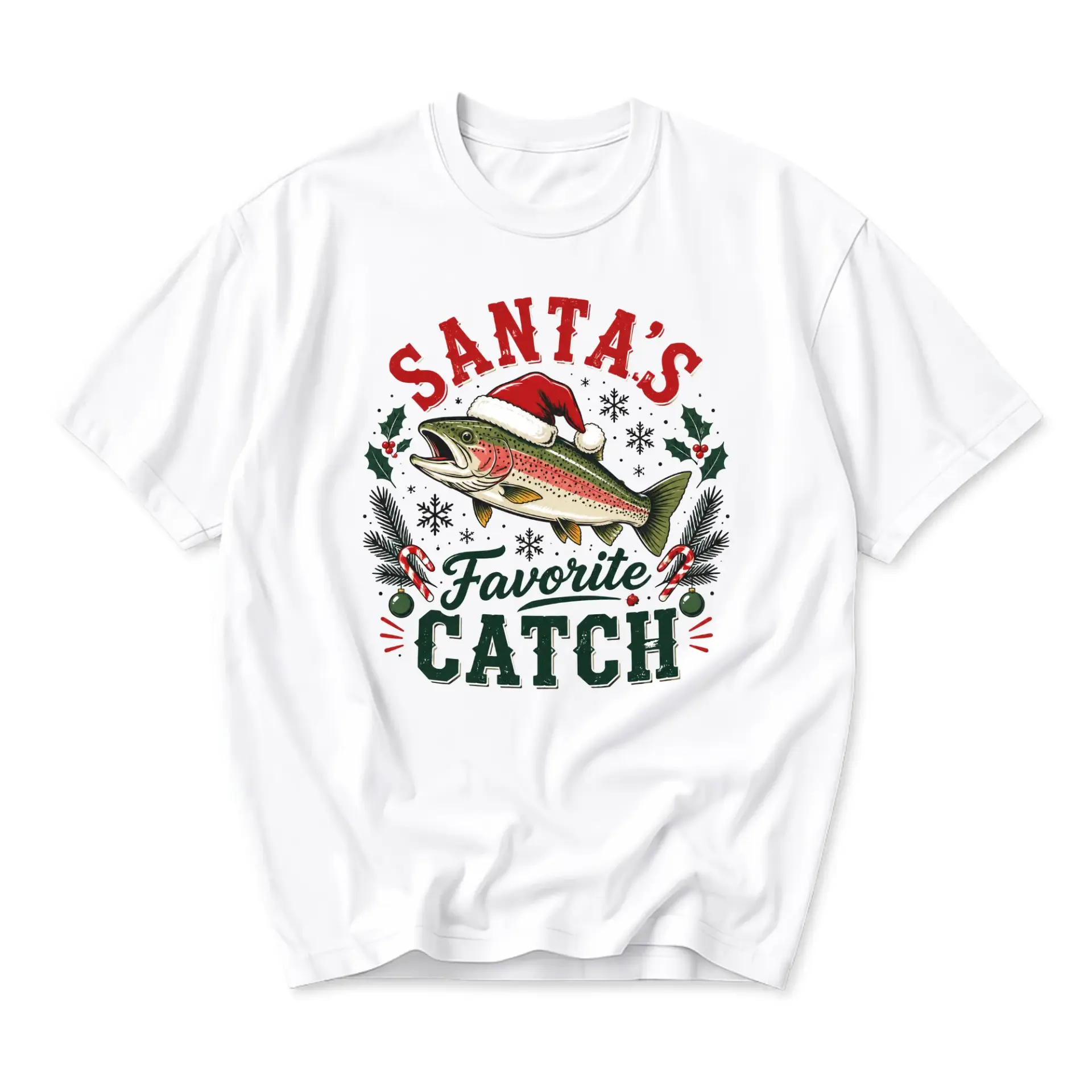 Funny Shirt Santa's Favorite Catch Fishing Graphic Tee Holiday Seasonal
