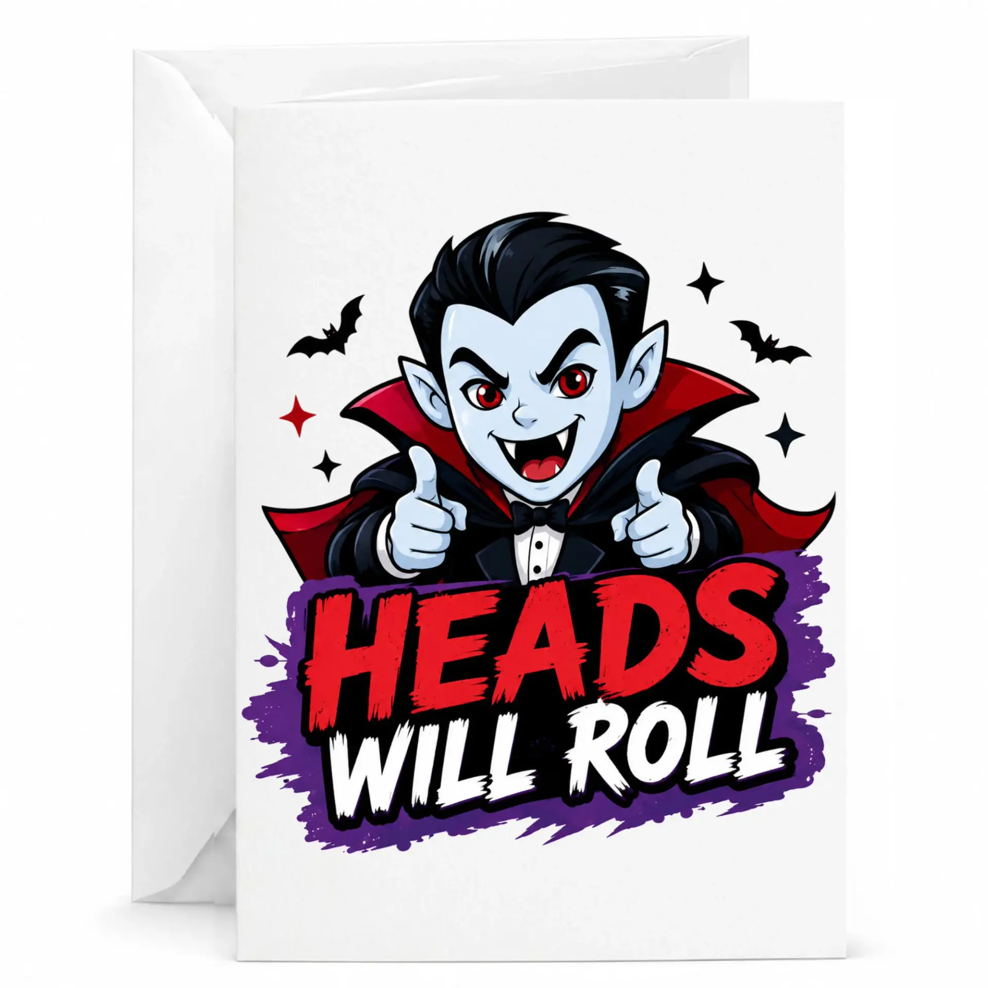 Funny Vampire Greeting Card Heads Will Roll Spooky Cartoon Illustration 5x7 Folded Note for Halloween and Parties