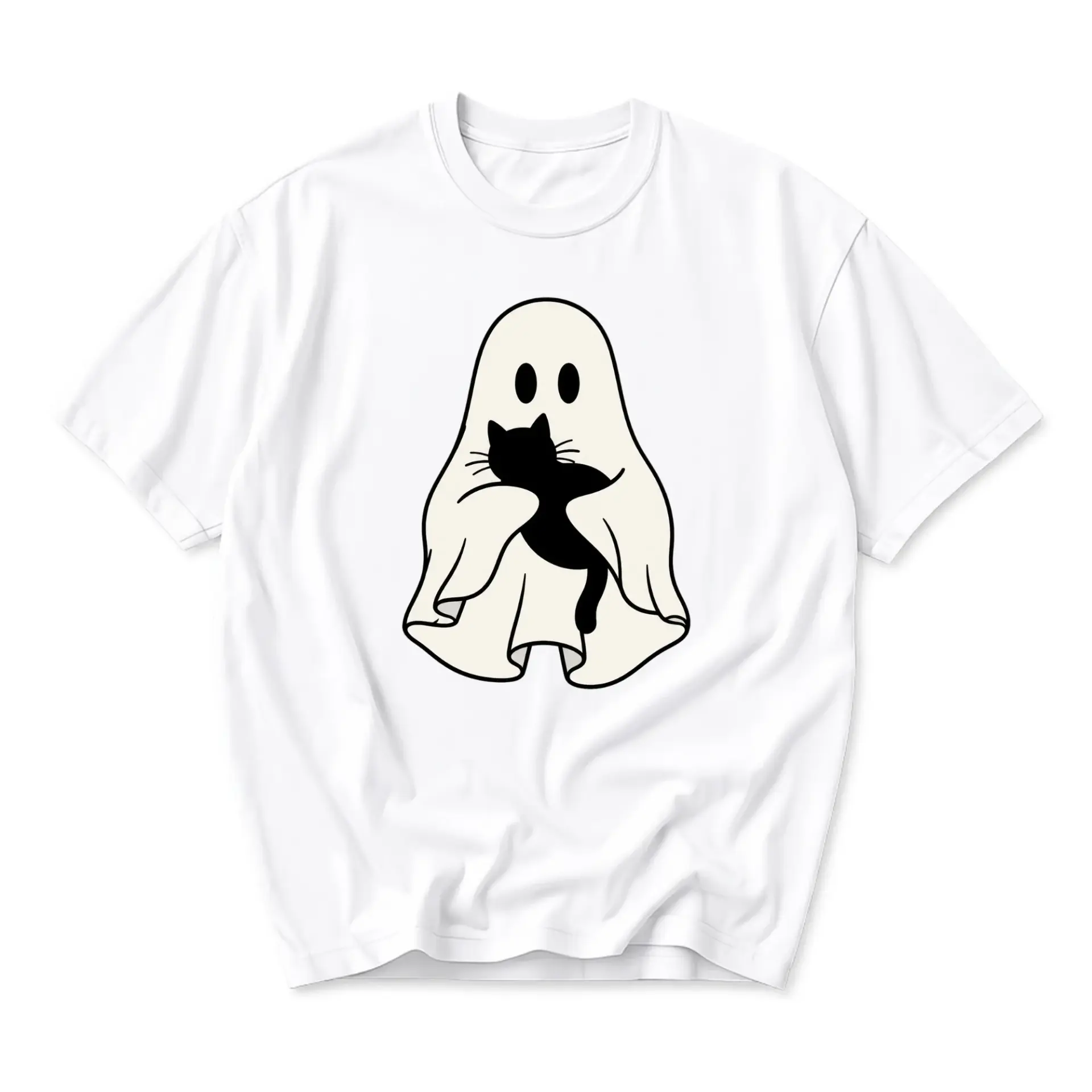 Graphic Tee Unisex Crew Neck Short Sleeve Shirt Featuring Cute Ghost Holding a Black Cat Illustration White Apparel