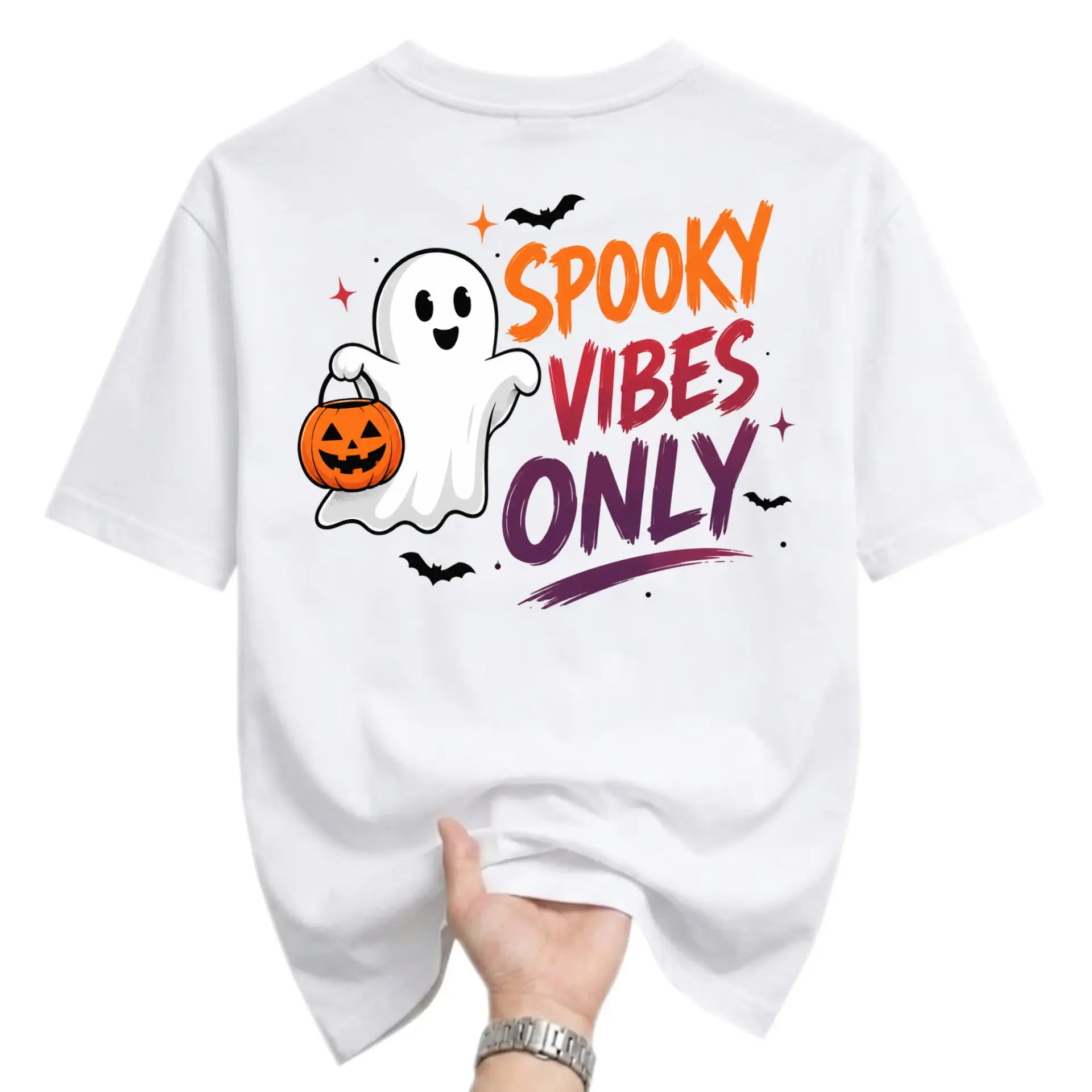 Graphic Tee Spooky Vibes Only Halloween Ghost Pumpkin Print Unisex Crew Neck Casual Cotton Blend Short Sleeve Shirt