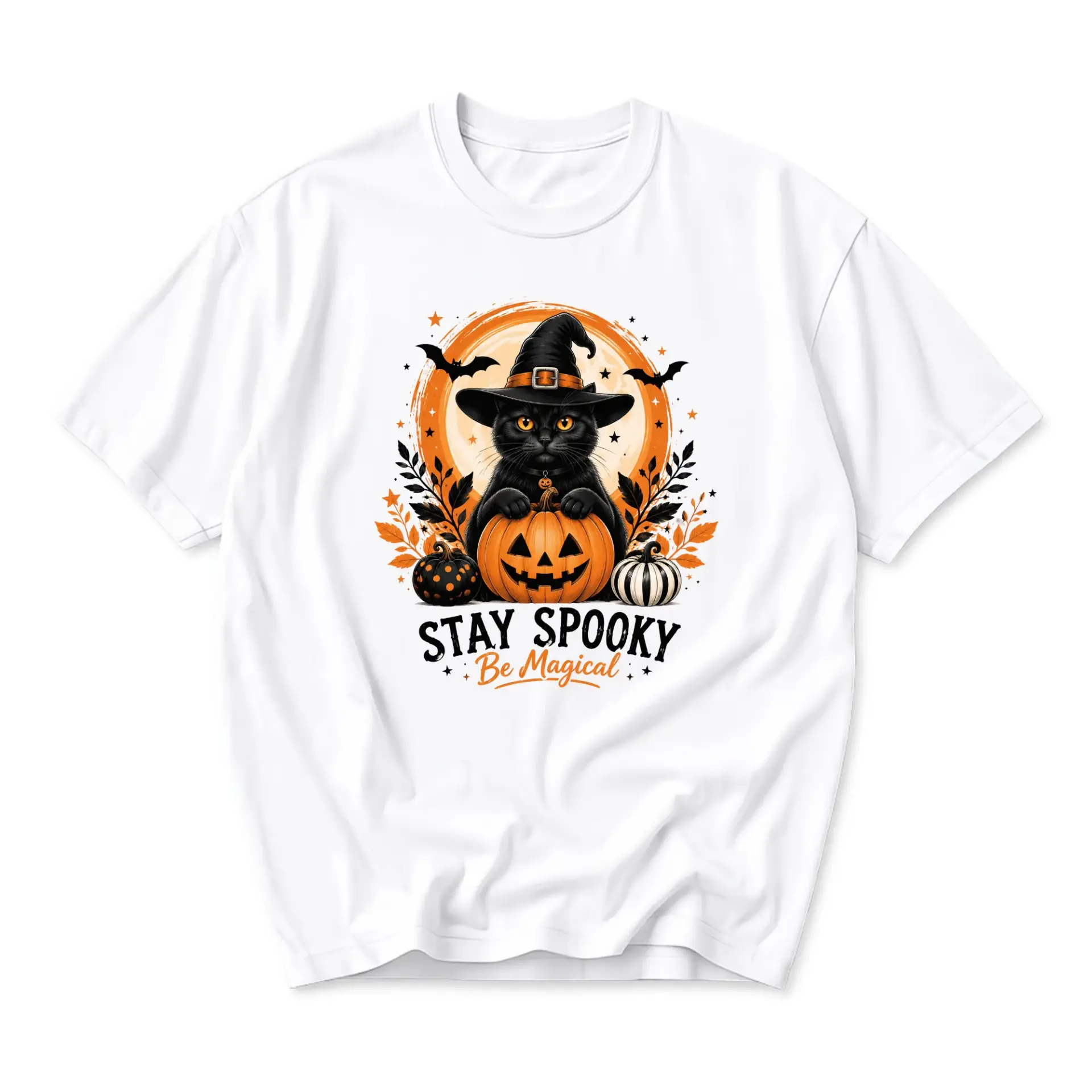 Graphic Tee Stay Spooky Be Magical Black Cat Witch Hat Halloween Pumpkin Design Unisex Casual Crew Neck T-Shirt