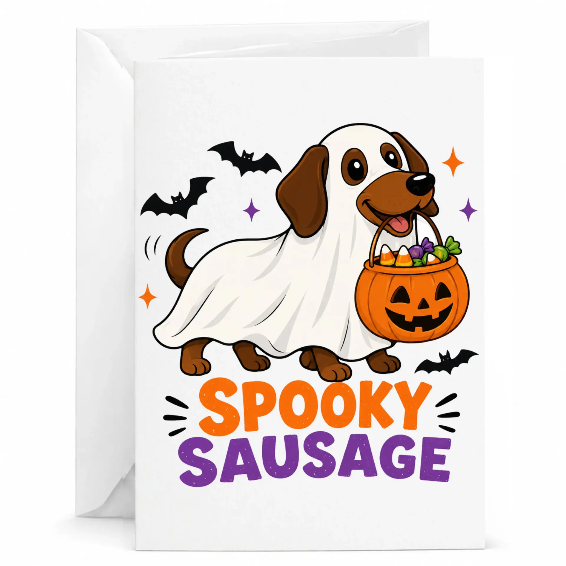 Funny Greeting Card Spooky Sausage Halloween Dog Cartoon Illustration Premium Heavyweight Paper for Seasonal Gifting