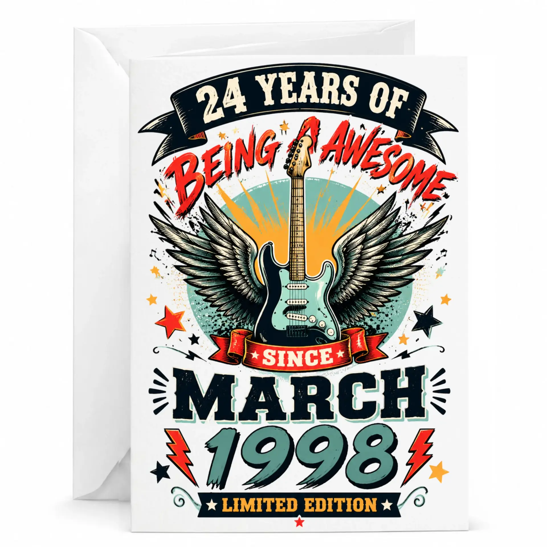 Birthday Card for 24th Birthday Guitar Player, 24 Years of Being Awesome Since March 1998 Vintage Rock Music Themed Greeting