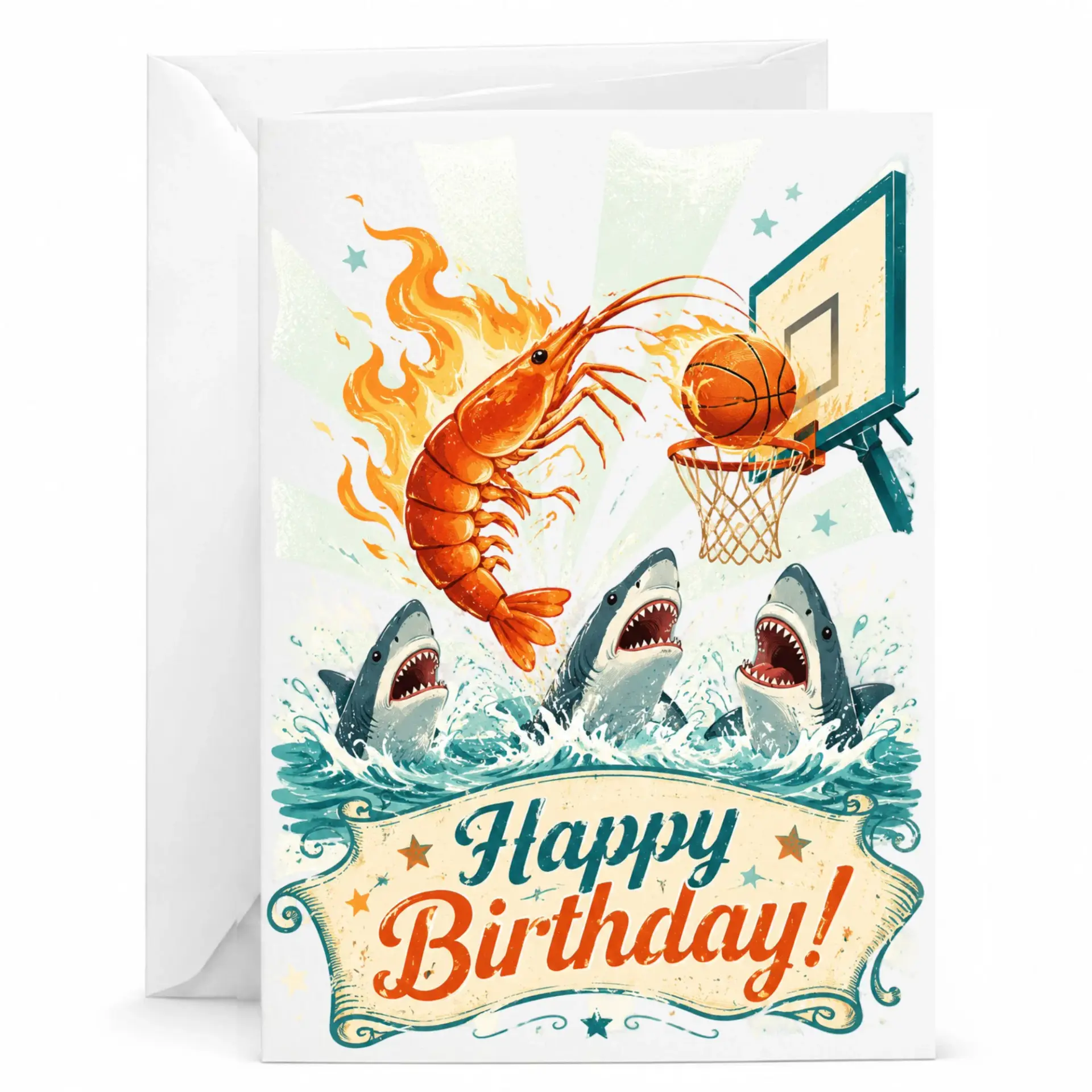 Funny Basketball Shrimp Birthday Card Humorous Marine Life Illustration Greeting for Sports Fans and Ocean Lovers