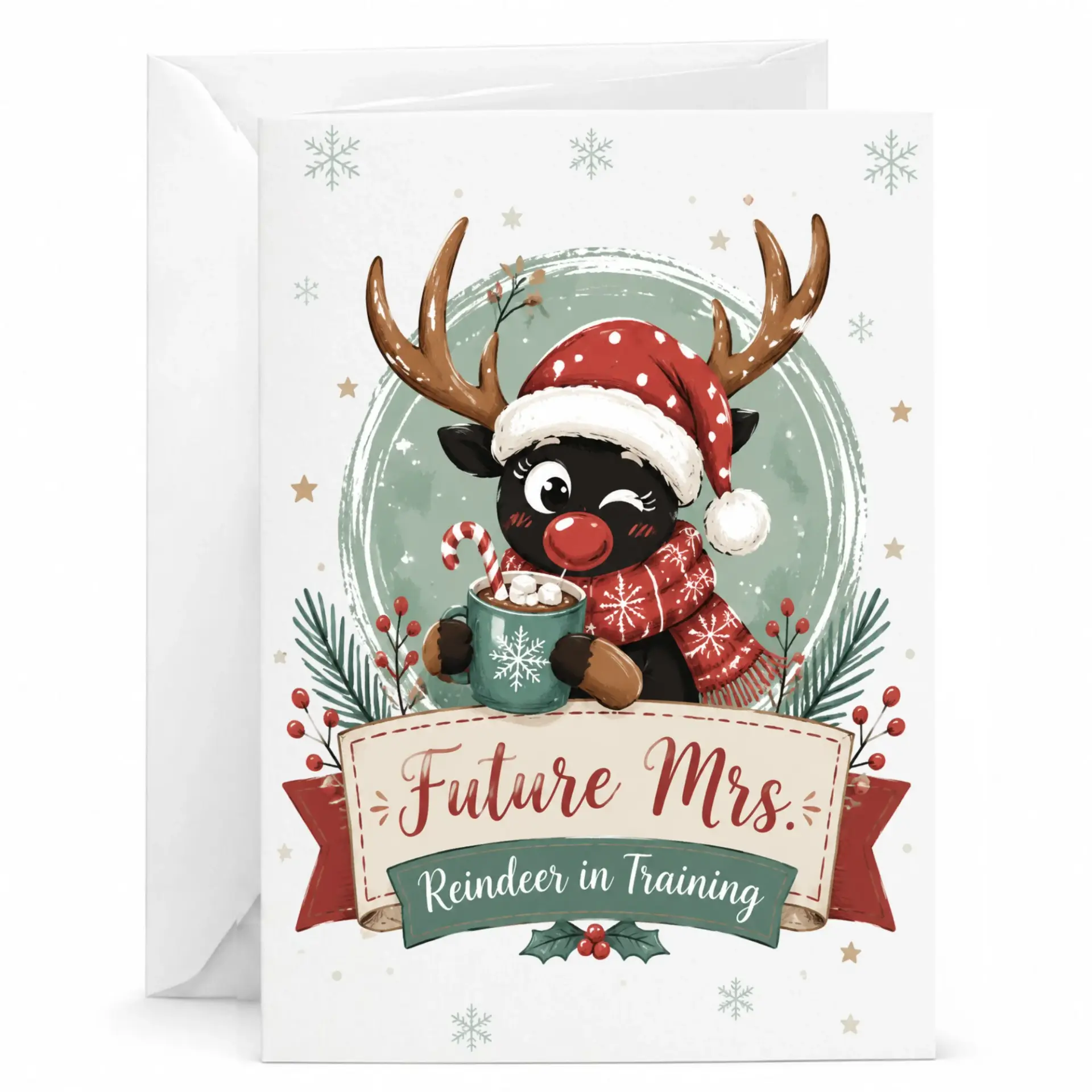 Funny Holiday Greeting Card Featuring Cute Reindeer with Cocoa for Festive Seasonal Wishes and Personal Messages