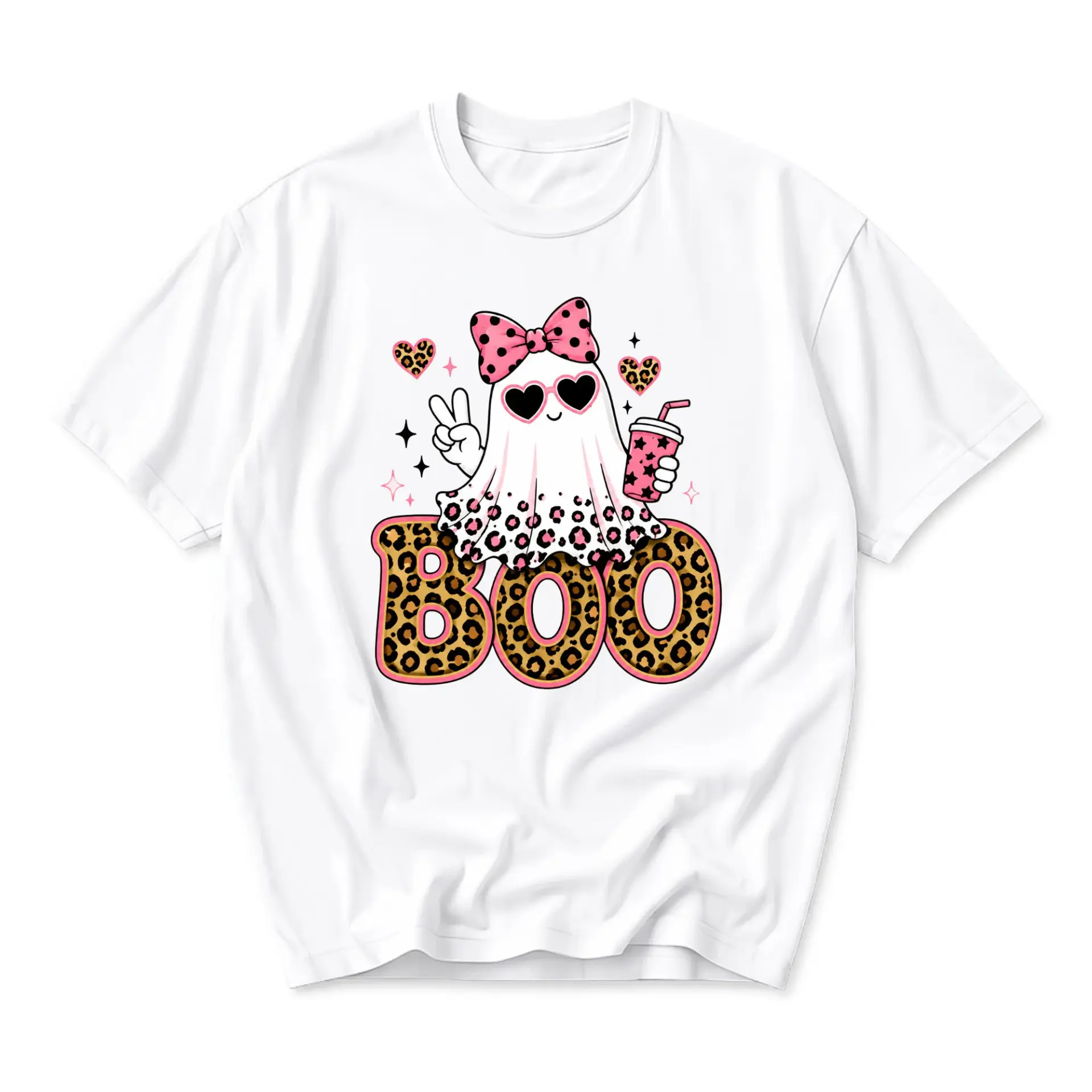 Funny Shirt Cute Ghost Boo Graphic Tee Trendy Pink Leopard Print Casual Unisex Crew Neck Short Sleeve Top