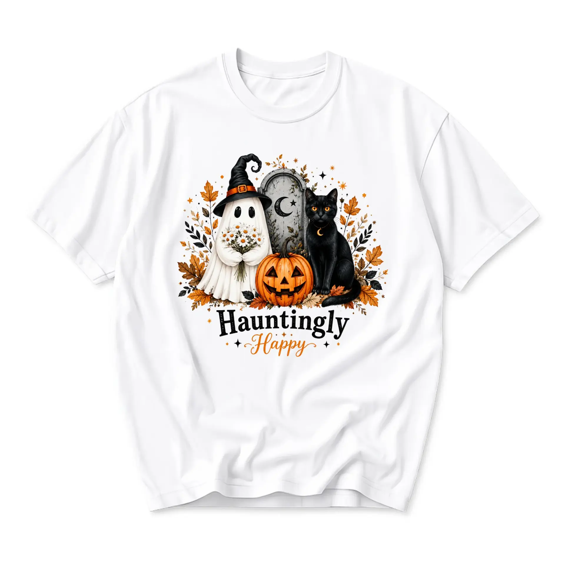 T-shirt Hauntingly Happy Ghost and Black Cat Graphic Tee Seasonal Autumn Fall Unisex Crew Neck Everyday Casual Wear