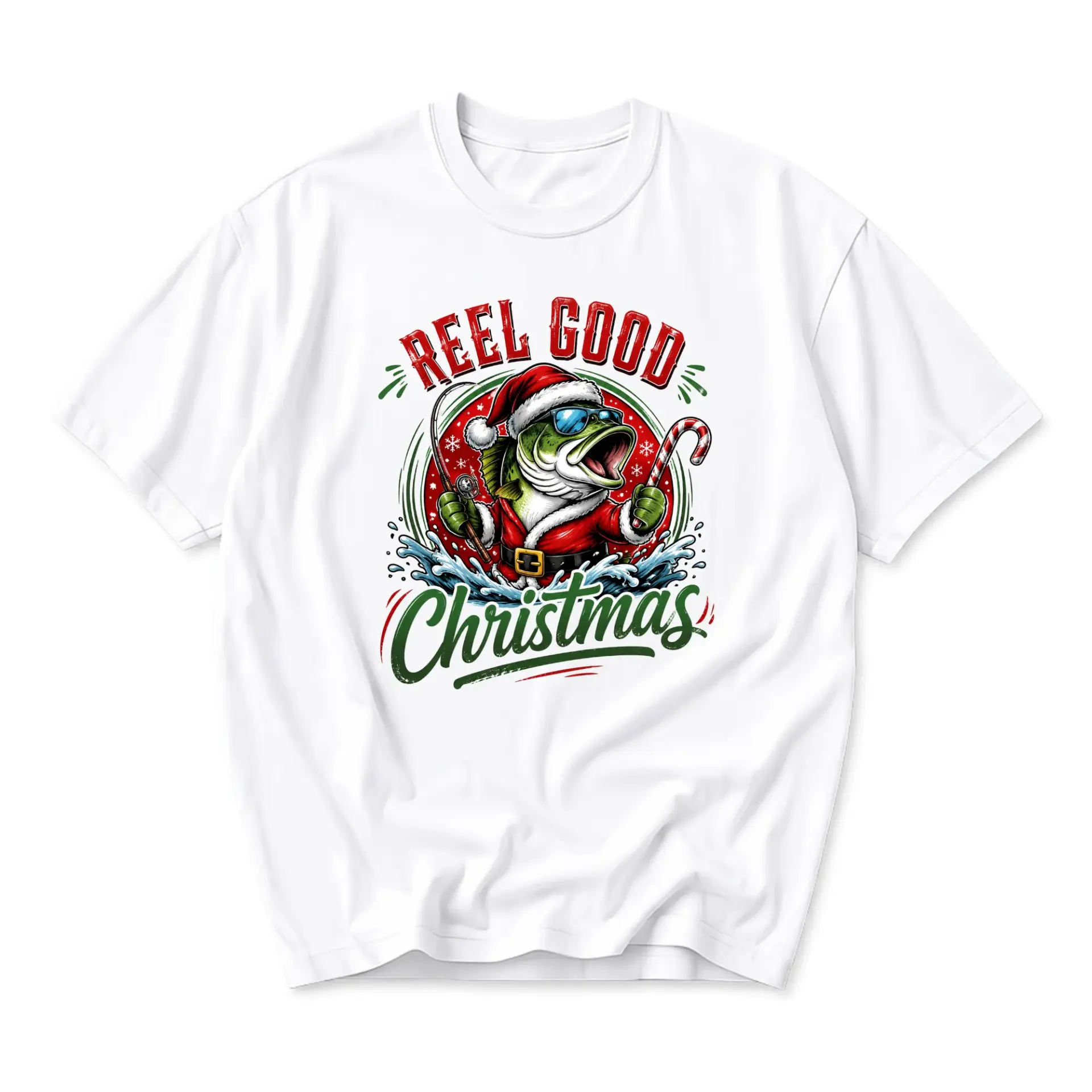 Funny Shirt Reel Good Christmas Fishing Santa Graphic Tee Unisex Casual
