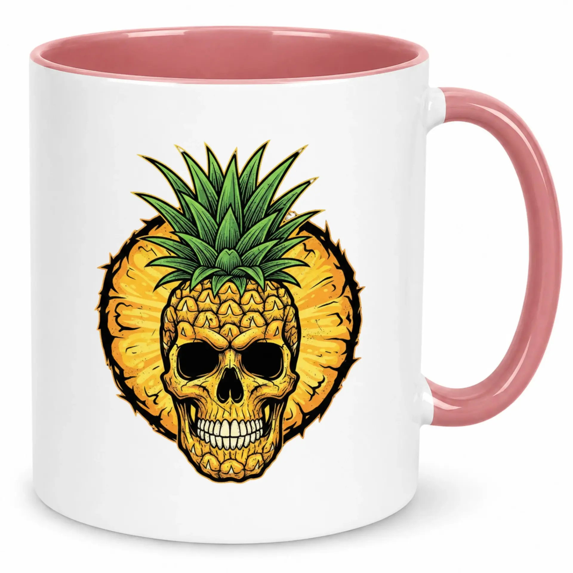 Unique Pineapple Skull Ceramic Coffee Mug 11oz or 15oz White with Pink Handle Two-Tone Tropical Edgy Design Hot Beverage Cup
