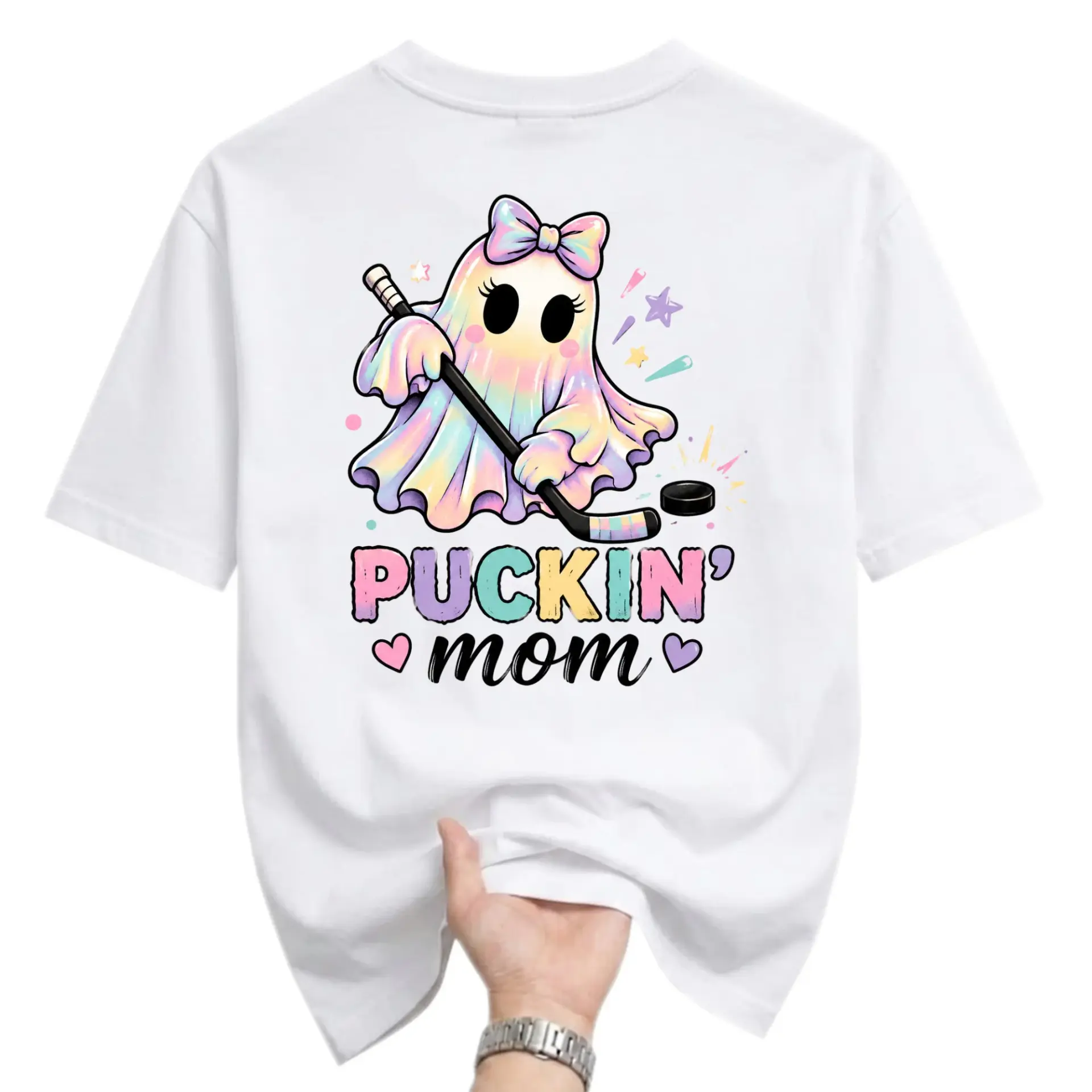 Funny Shirt Puckin Mom Ghost Hockey Graphic Tee Pastel Sport Humor Apparel Unisex Crew Neck Casual Everyday Wear