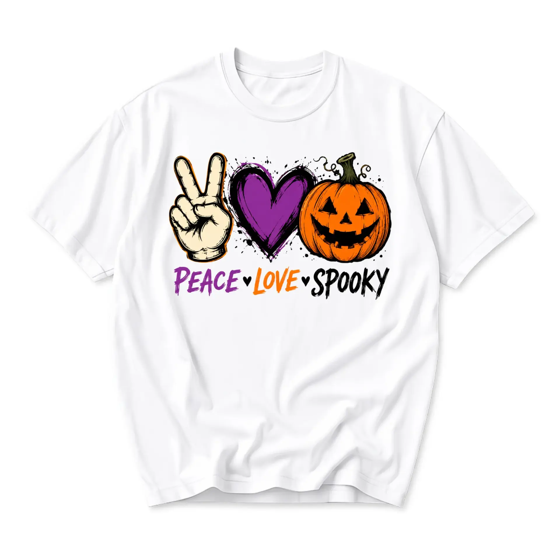 Funny Shirt Peace Love Spooky Graphic Tee Halloween Pumpkin Jack O Lantern Print Unisex Casual Short Sleeve Top