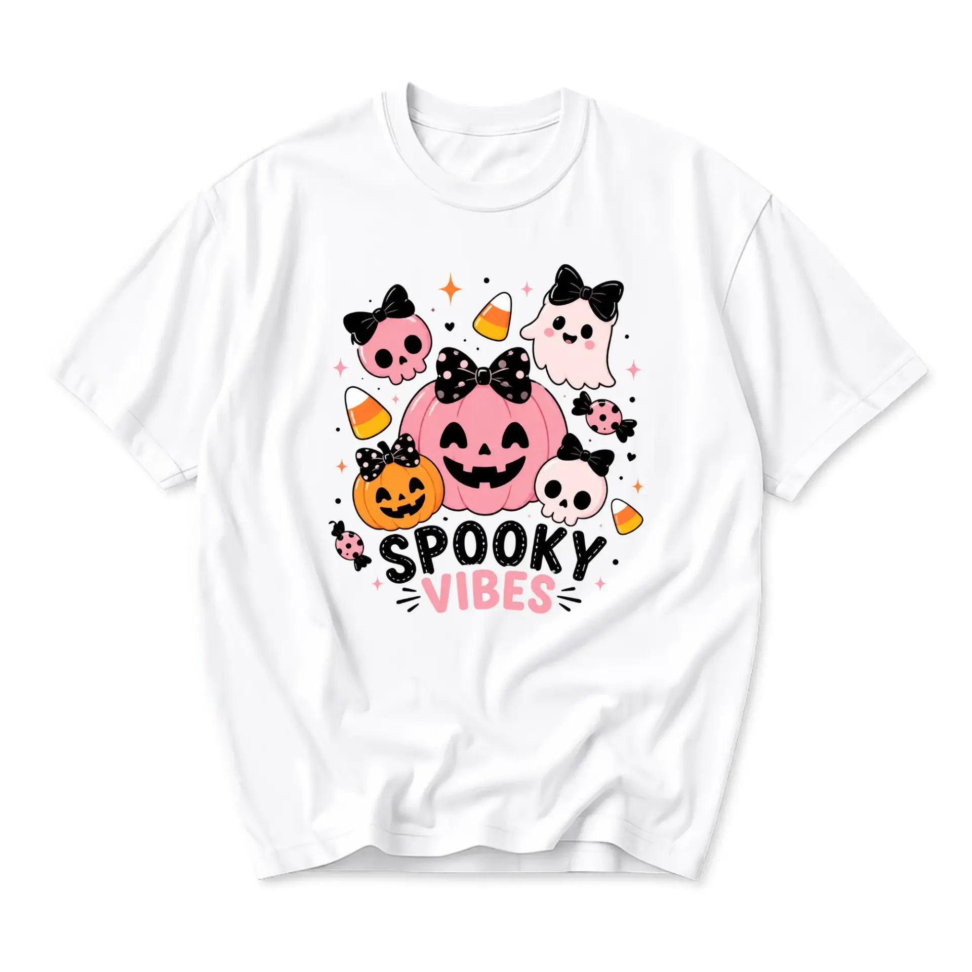 Graphic Tee Spooky Vibes Halloween Pumpkin Ghost Skull Print Unisex Crew Neck Casual Everyday Short Sleeve Shirt