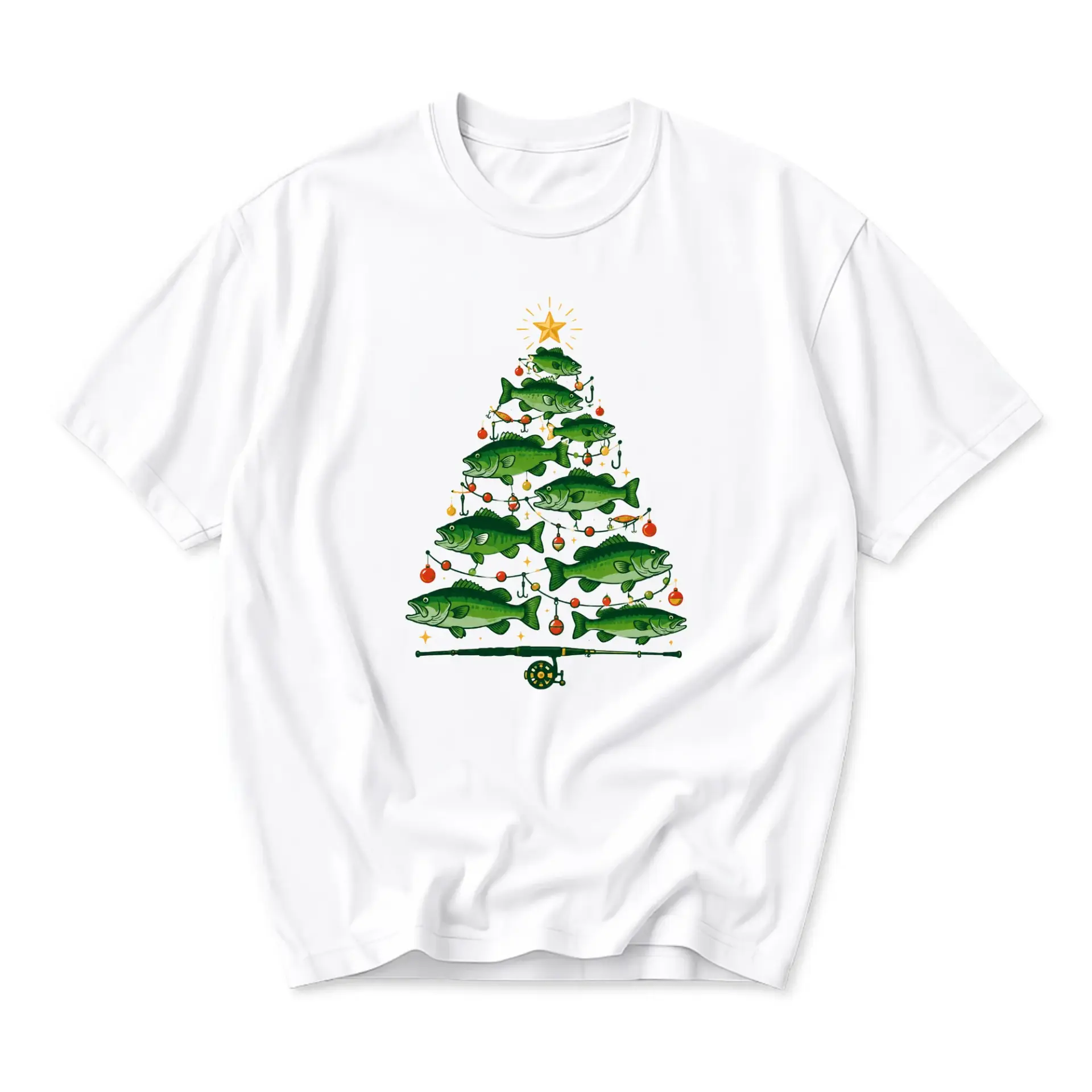Graphic Tee Christmas Fishing Tree Shirt Holiday Angler Apparel Unisex Crew
