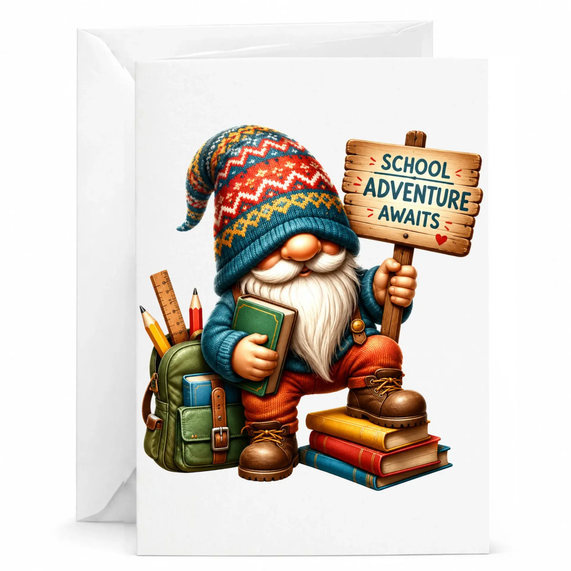 Greeting Card Featuring a Whimsical Gnome Holding a School Sign for Thoughtful Encouragement Messages