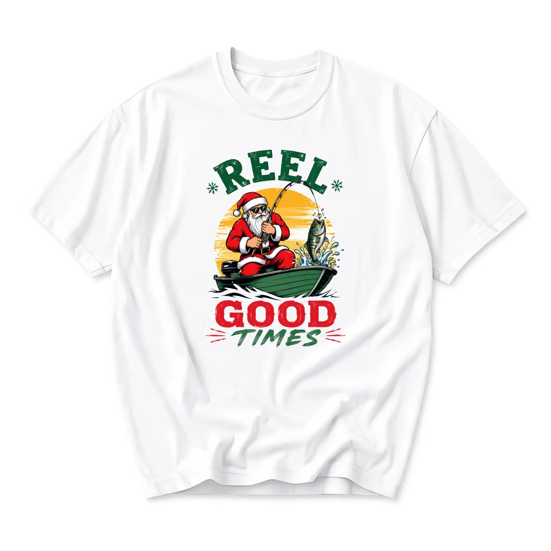 Funny Shirt Reel Good Times Graphic Tee Santa Claus Fishing Unisex Crew Neck Short Sleeve Casual Cotton T-Shirt