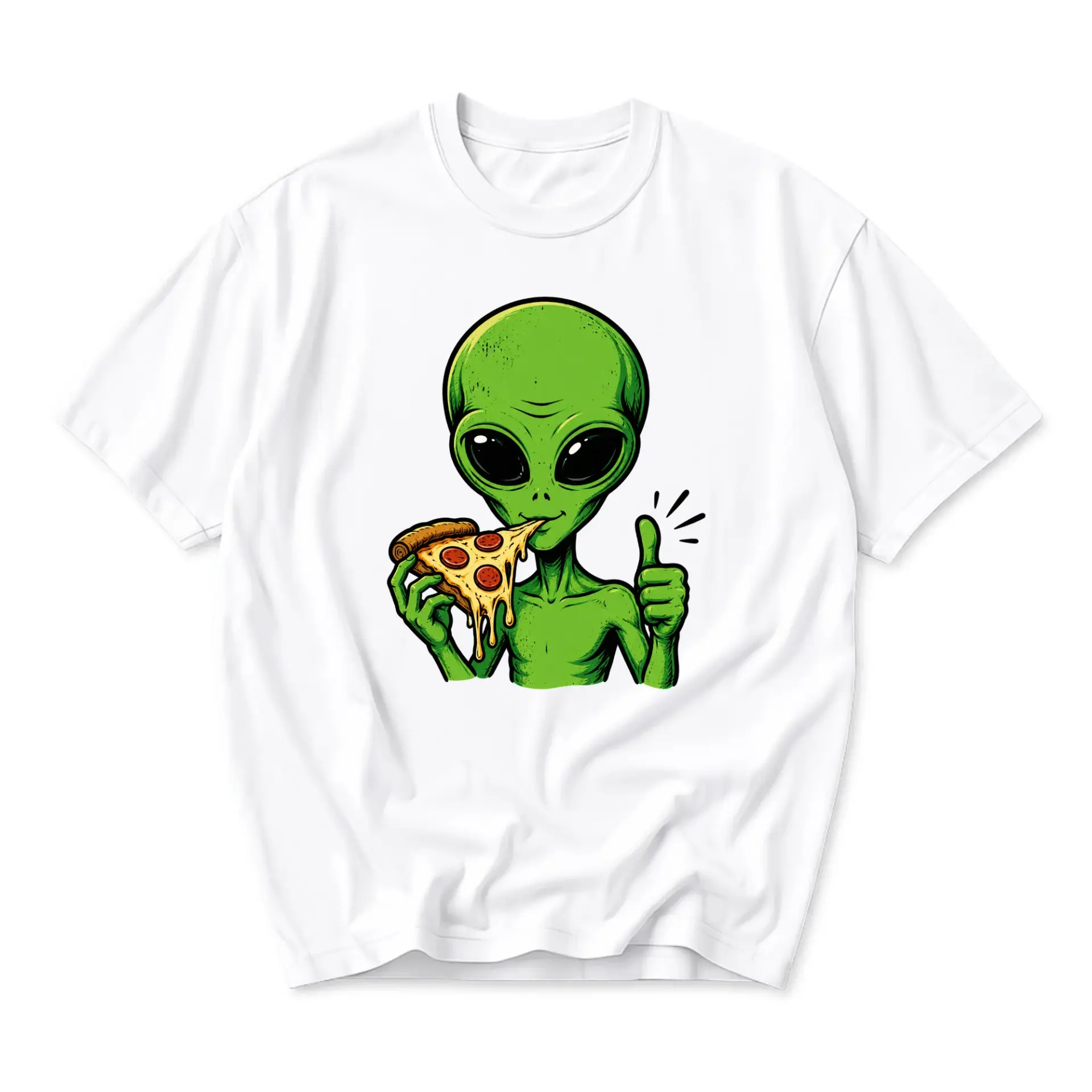 Graphic Tee Unisex Alien Eating Pizza Print Casual Crew Neck Shirt Comfortable Cotton Blend Everyday Apparel Top White