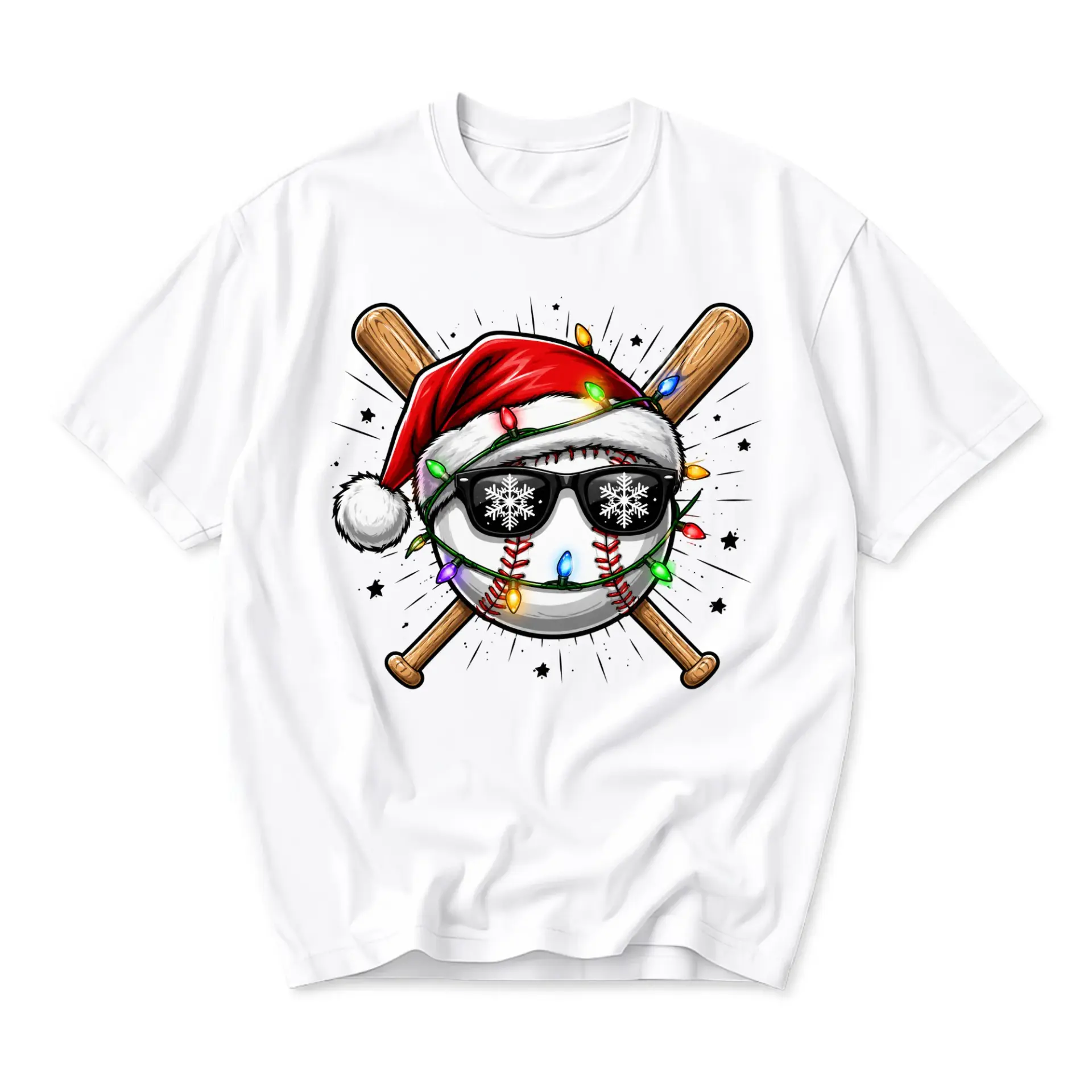 Funny Shirt Christmas Baseball Graphic Tee for Sports Fans Featuring a Santa Hat and Holiday Lights Print Casual Top