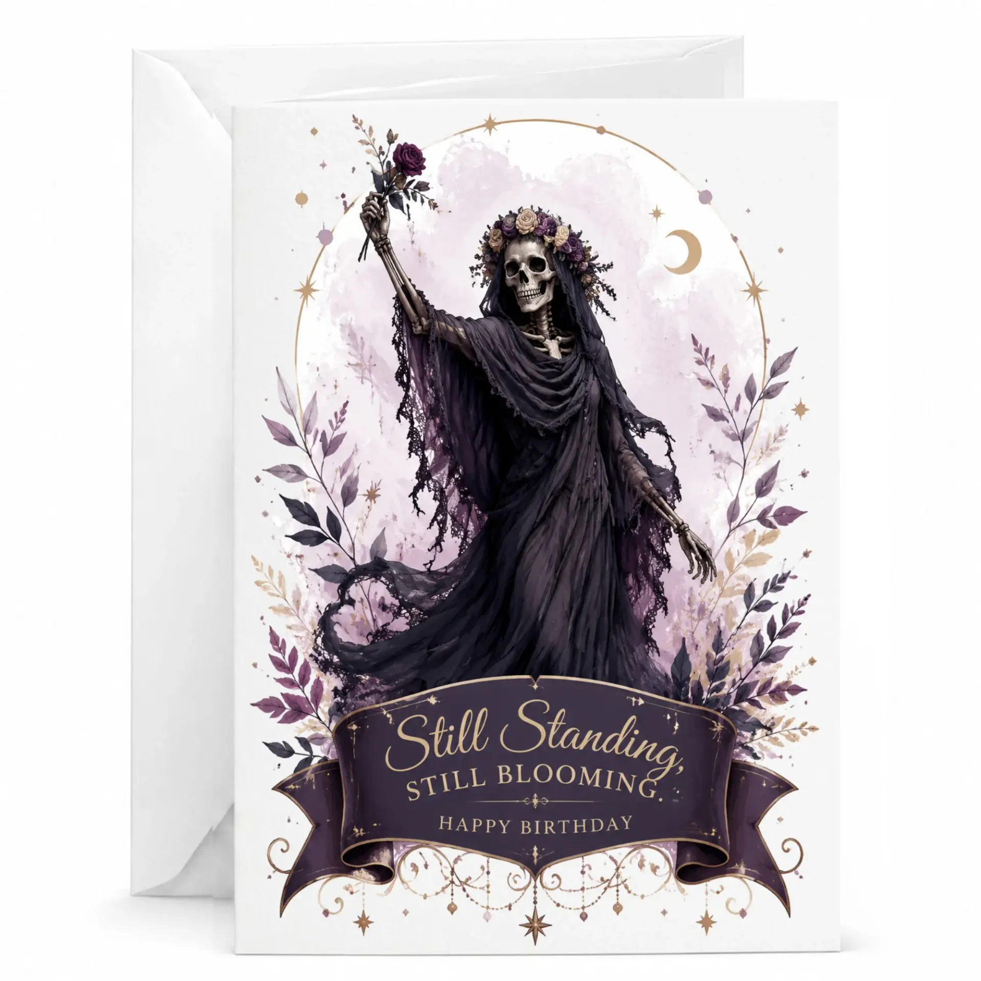 Birthday Card Gothic Skeleton Floral Illustration Still Standing Blooming Aesthetic Greeting with Envelope