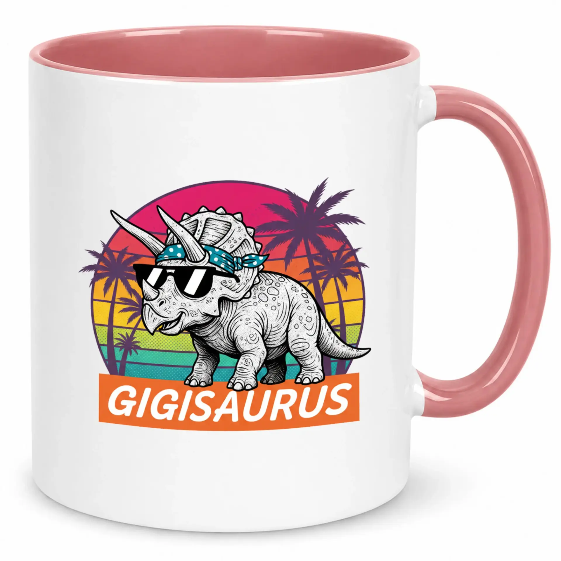Funny Gigisaurus Coffee Mug Featuring Retro Triceratops Dinosaur with Sunglasses & Bandana Tropical Sunset Ceramic Drinkware for Daily Use