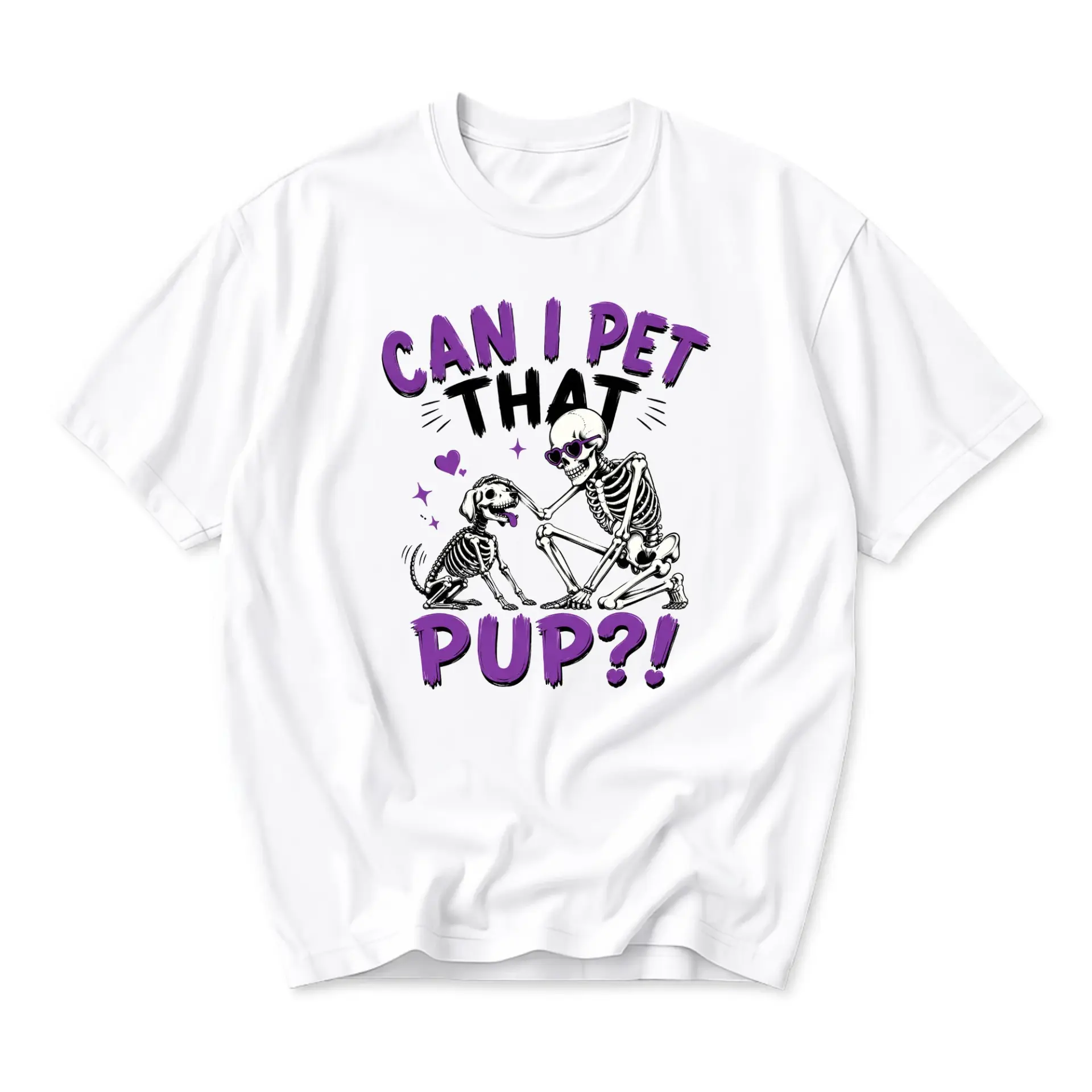 Funny Shirt Can I Pet That Pup Skeleton Graphic Tee Unisex Cotton Casual Crew Neck Top for Dog Lovers and Humor Fans