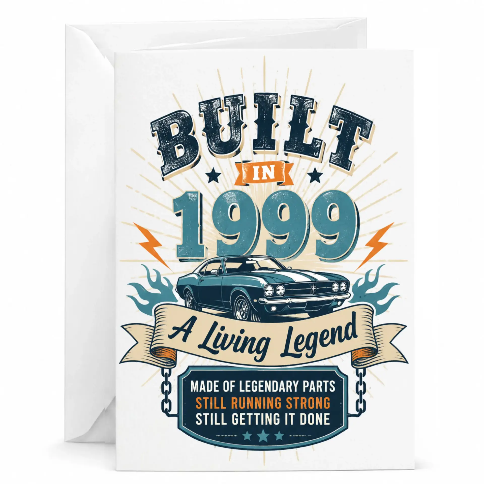 Birthday Card Built in 1999 a Living Legend Vintage Car Greeting Card for Milestone Year Celebration 5x7 Inches
