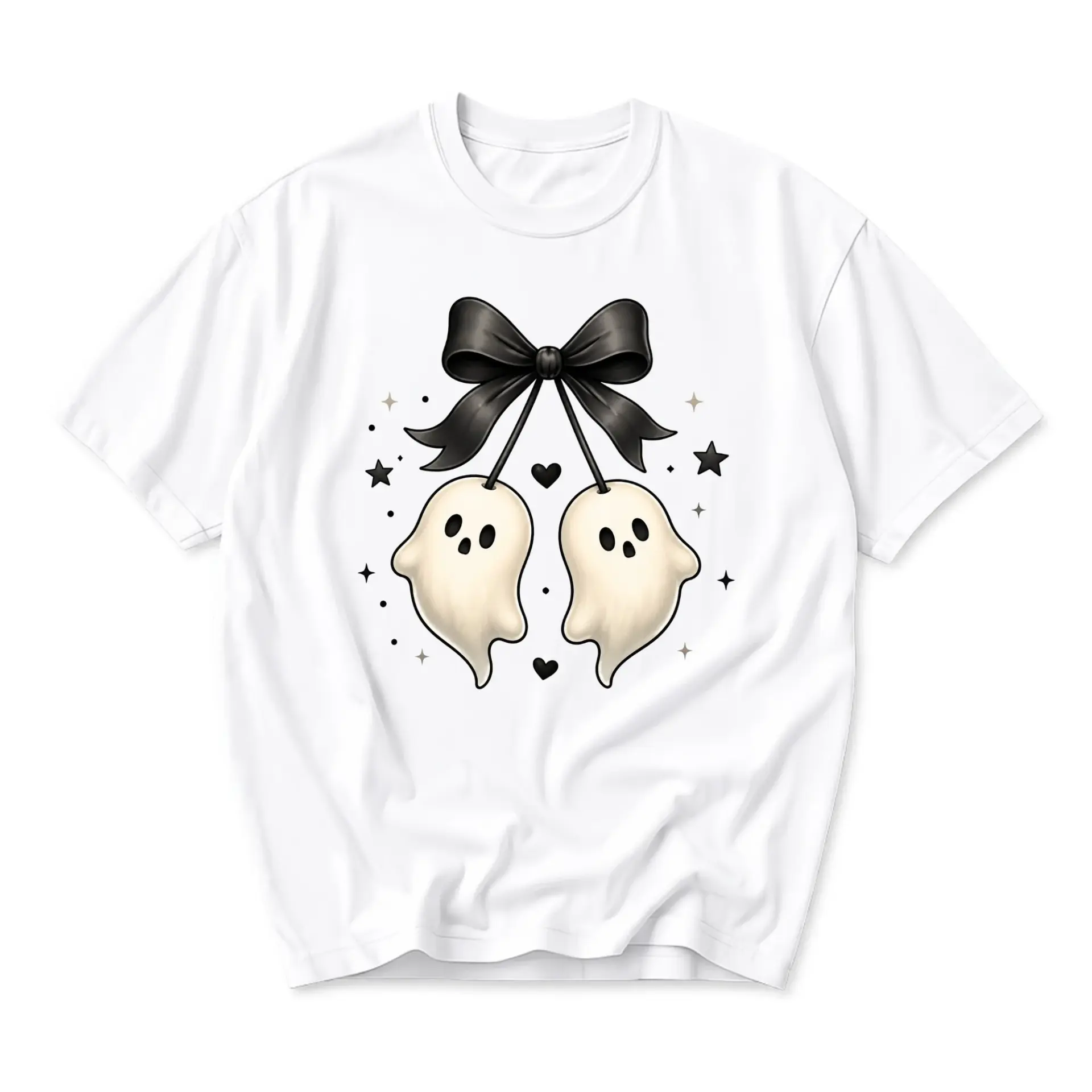 Graphic Tee Cute Ghost Bow Illustration Unisex T-Shirt Soft Cotton Crew Neck Casual Everyday Wear Apparel Summer Top