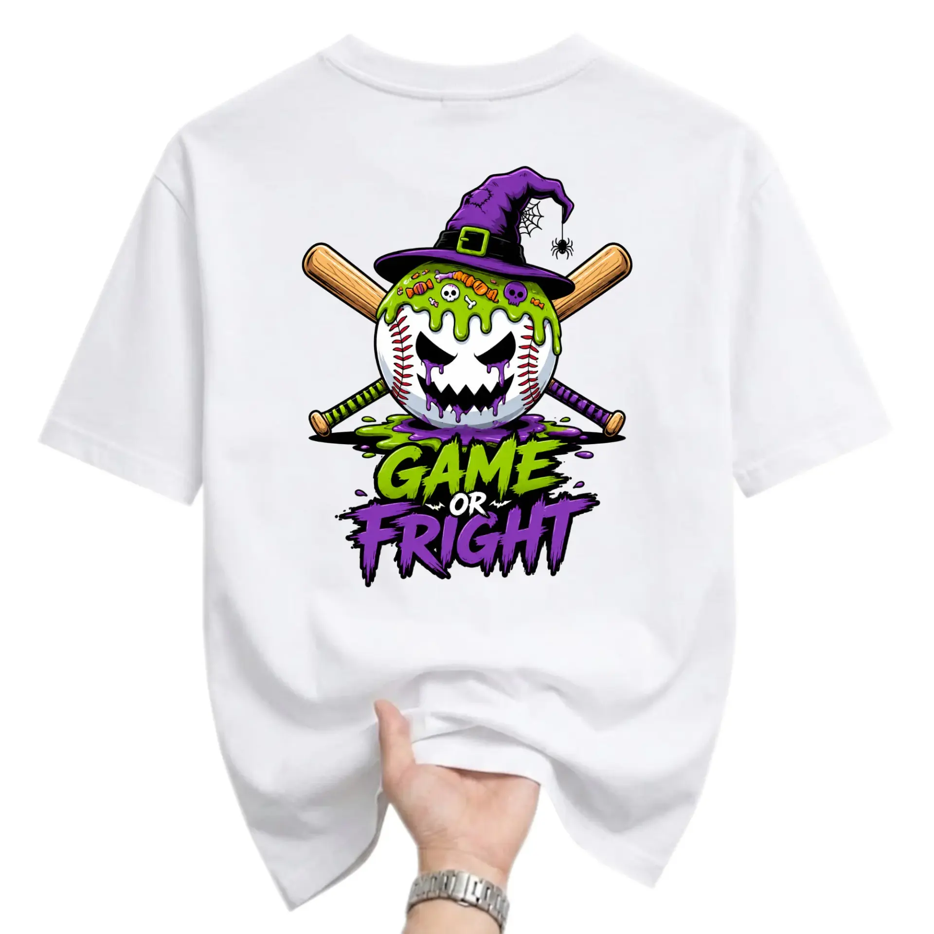 Funny Shirt Game or Fright Baseball Halloween Unisex Graphic Printed T-Shirt Casual Everyday Short Sleeve Cotton Top