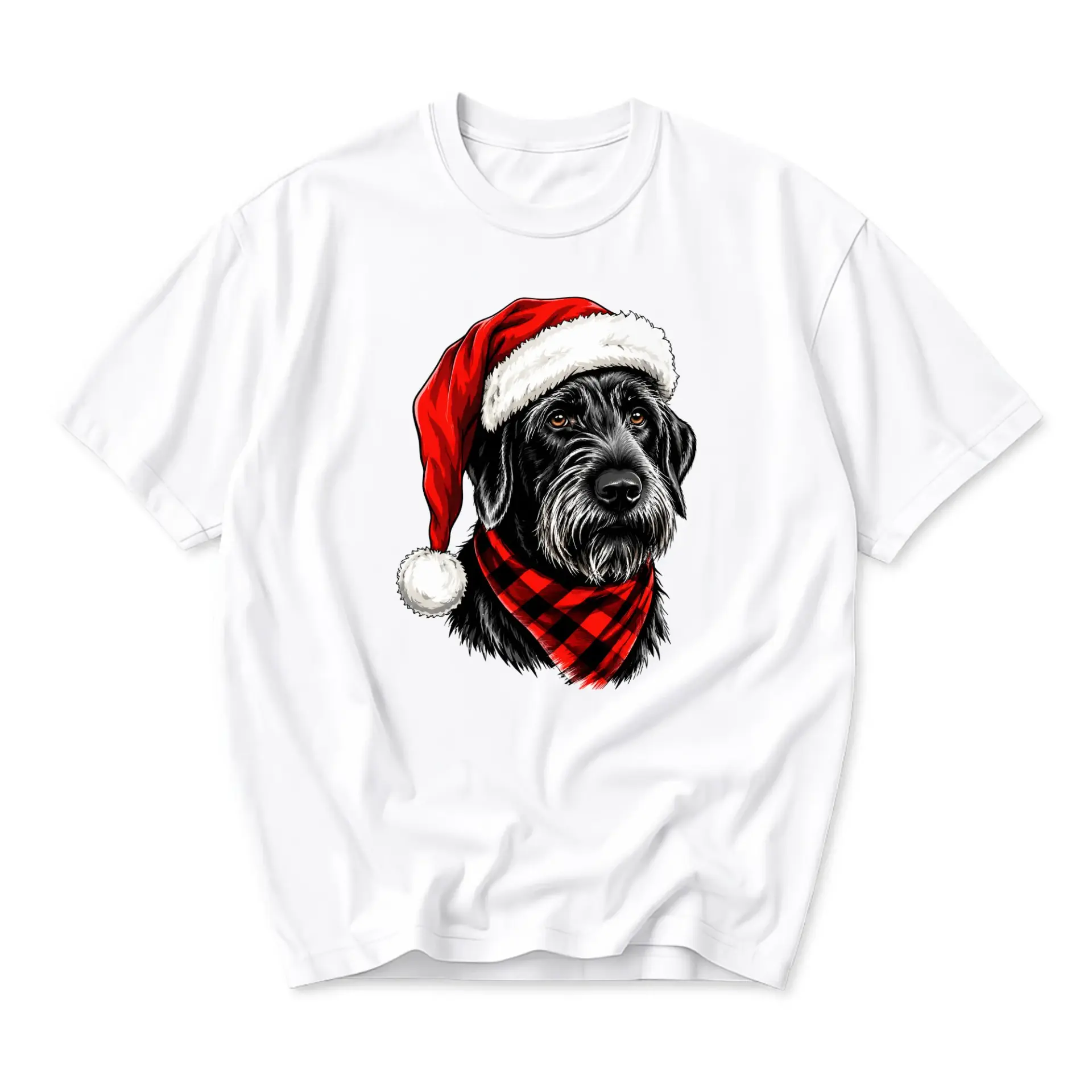 Graphic Tee Black Dog Christmas Hat Red Plaid Scarf Holiday Illustration