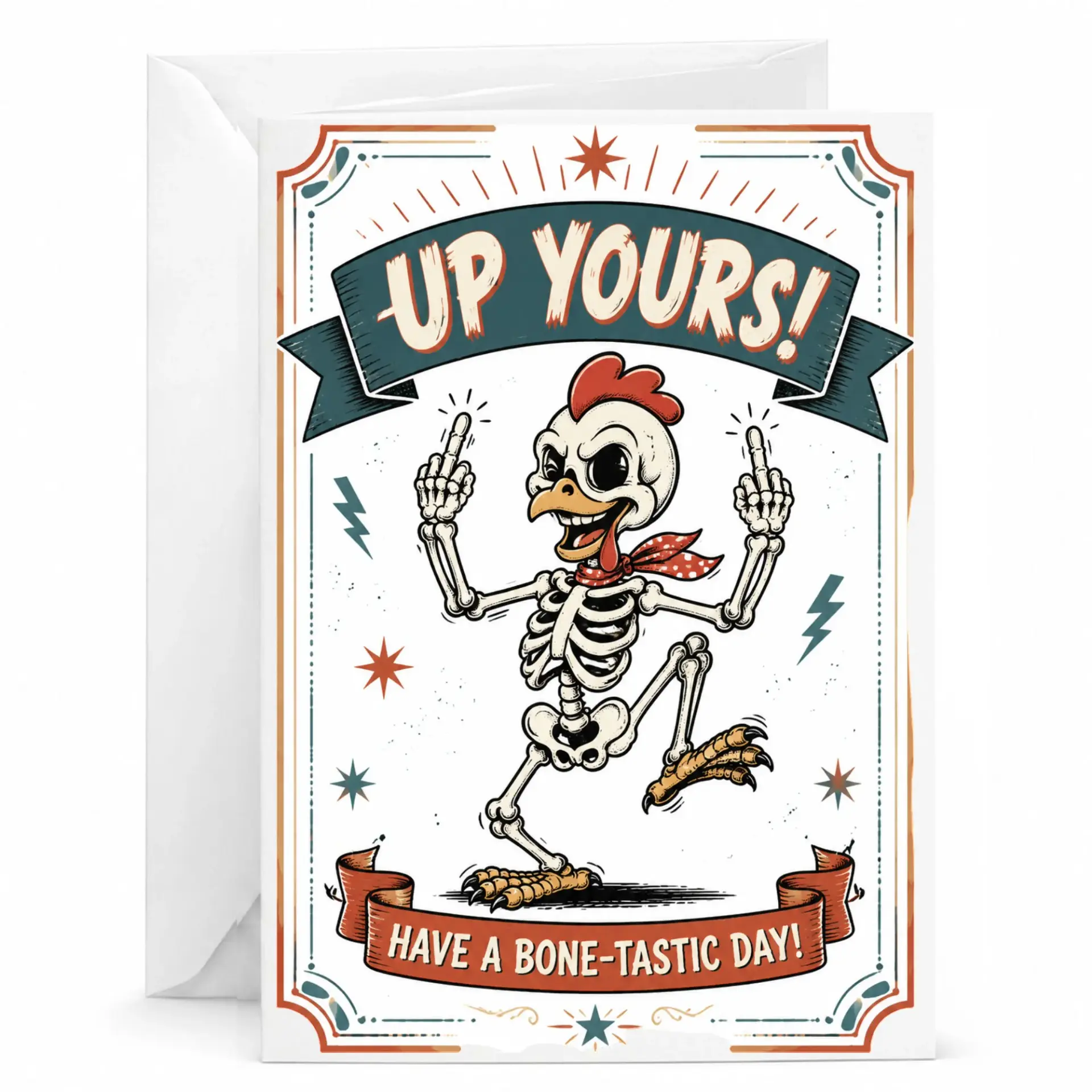 Funny Greeting Card with Skeleton Chicken Illustration and Humorous Sarcastic for Any Occasion